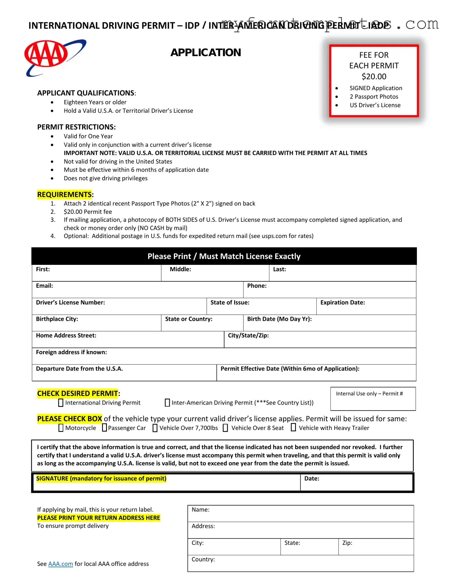 Official Aaa International Driving Permit Application Form in PDF