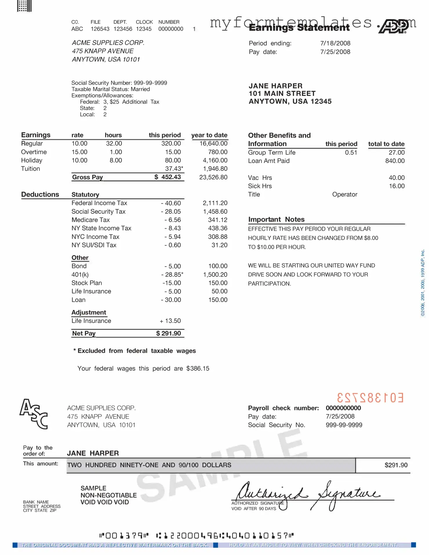 Official Adp Pay Stub Form in PDF
