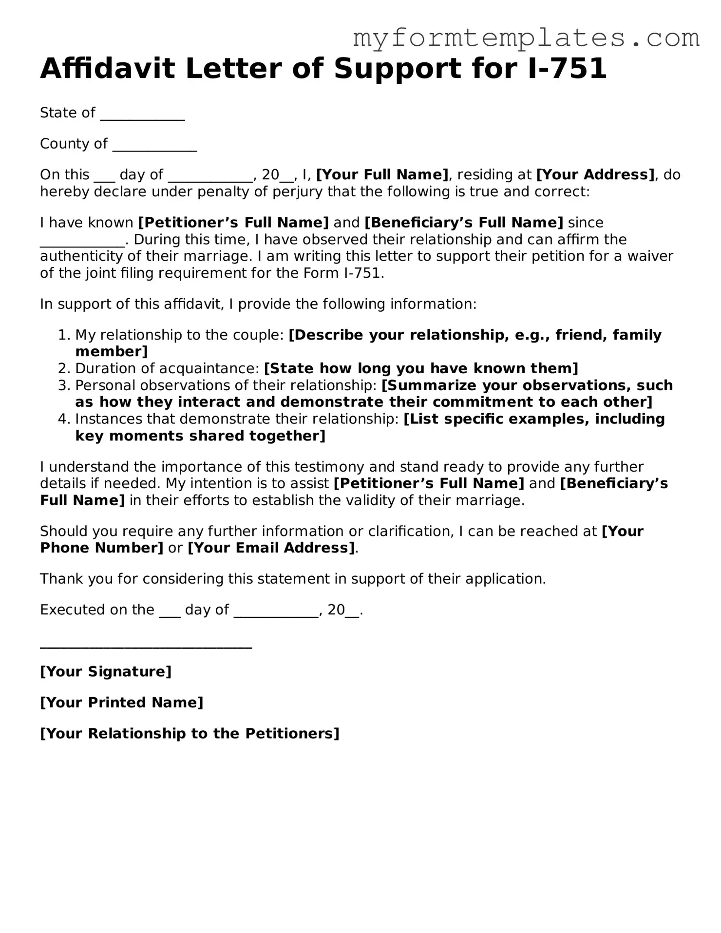 Affidavit Letter of Support for I-751 Document
