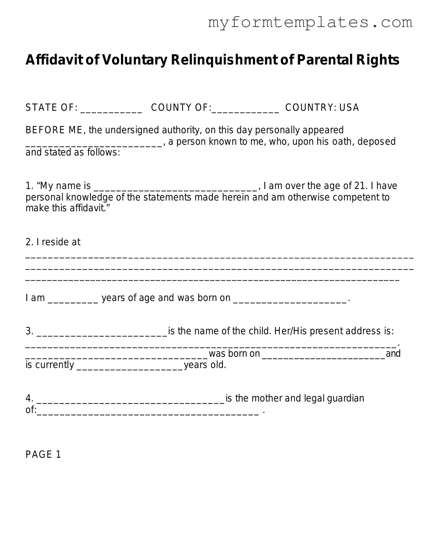 Official Affidavit Parental Rights Form in PDF