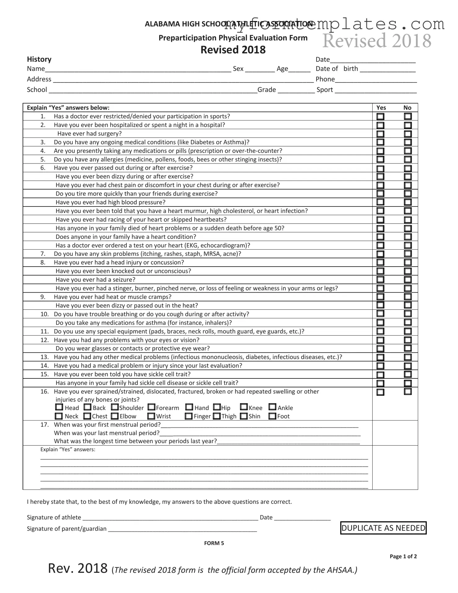Official Alabama High School Physical Form in PDF