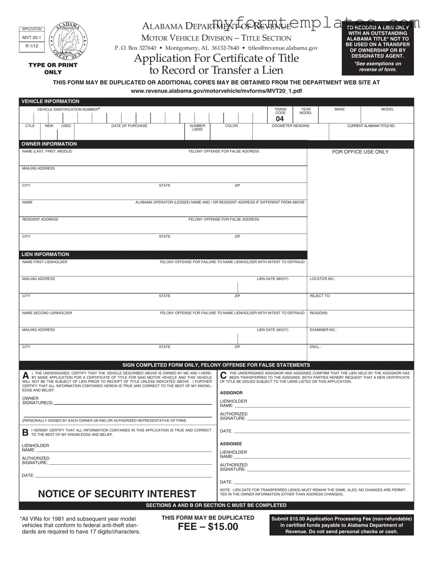 Official Alabama Mvt 20 1 Form in PDF