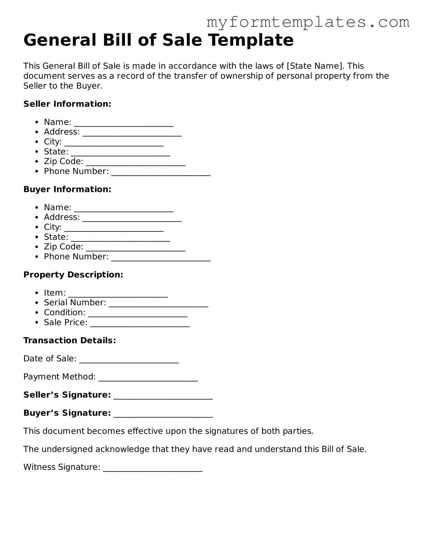 General Bill of Sale Document
