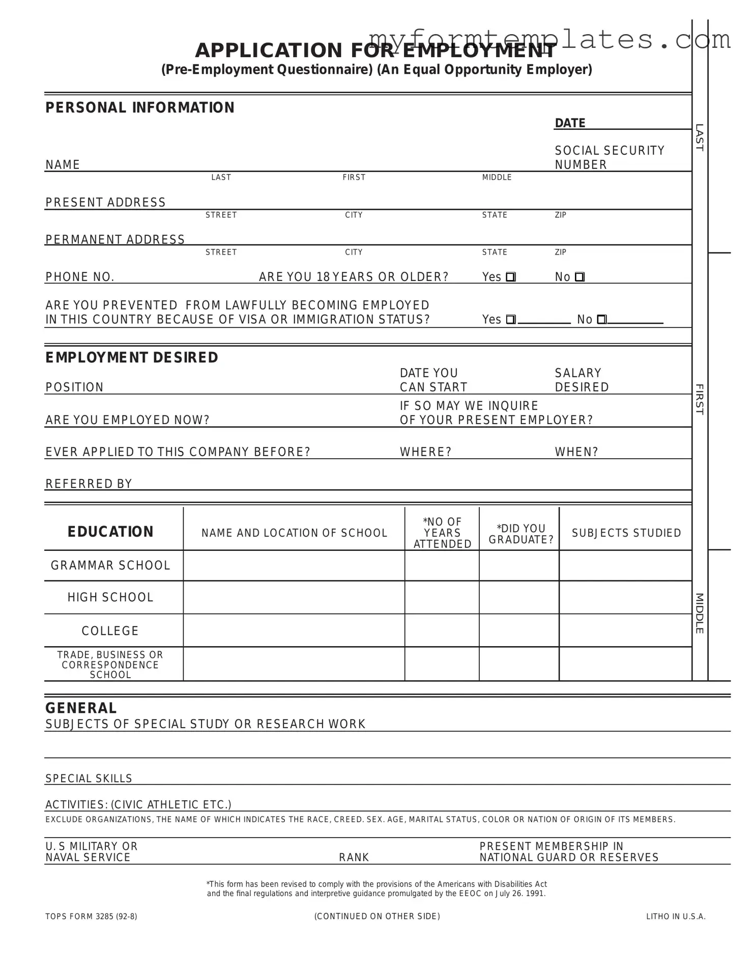 Official Employment Application Pdf Form in PDF