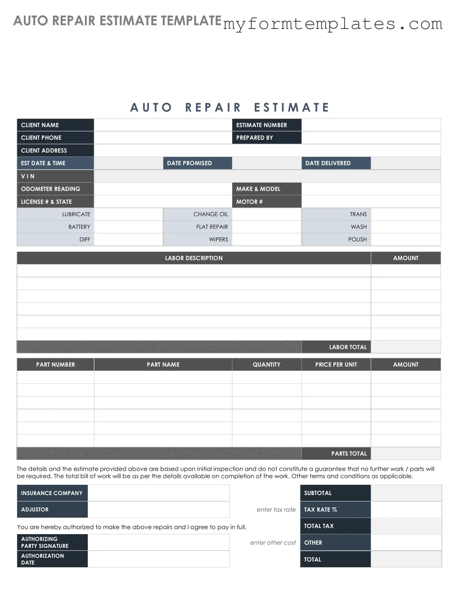 Official Auto Repair Estimate Form in PDF