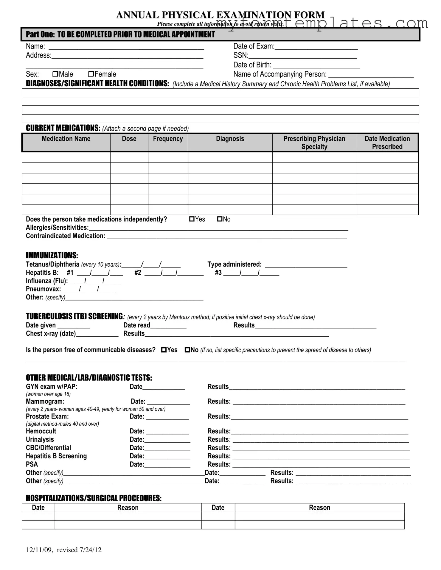 Official Annual Physical Examination Form in PDF