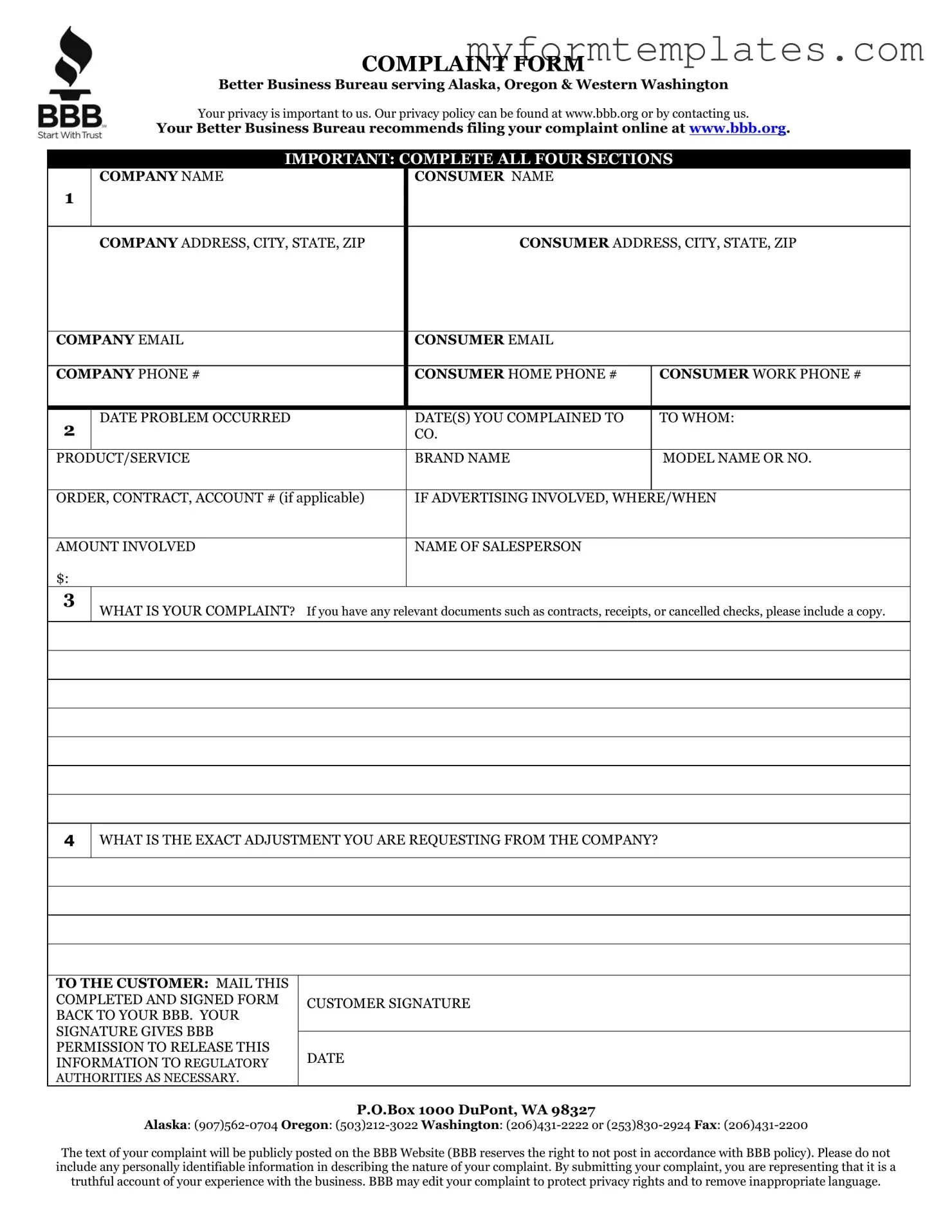 Official Bbb Complaint Form in PDF
