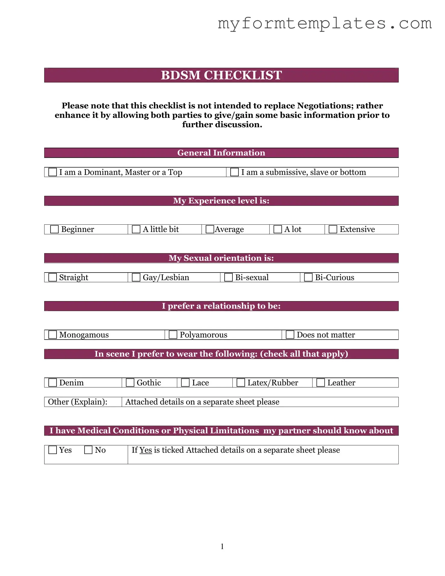 Official Bdsm Checklist Form in PDF