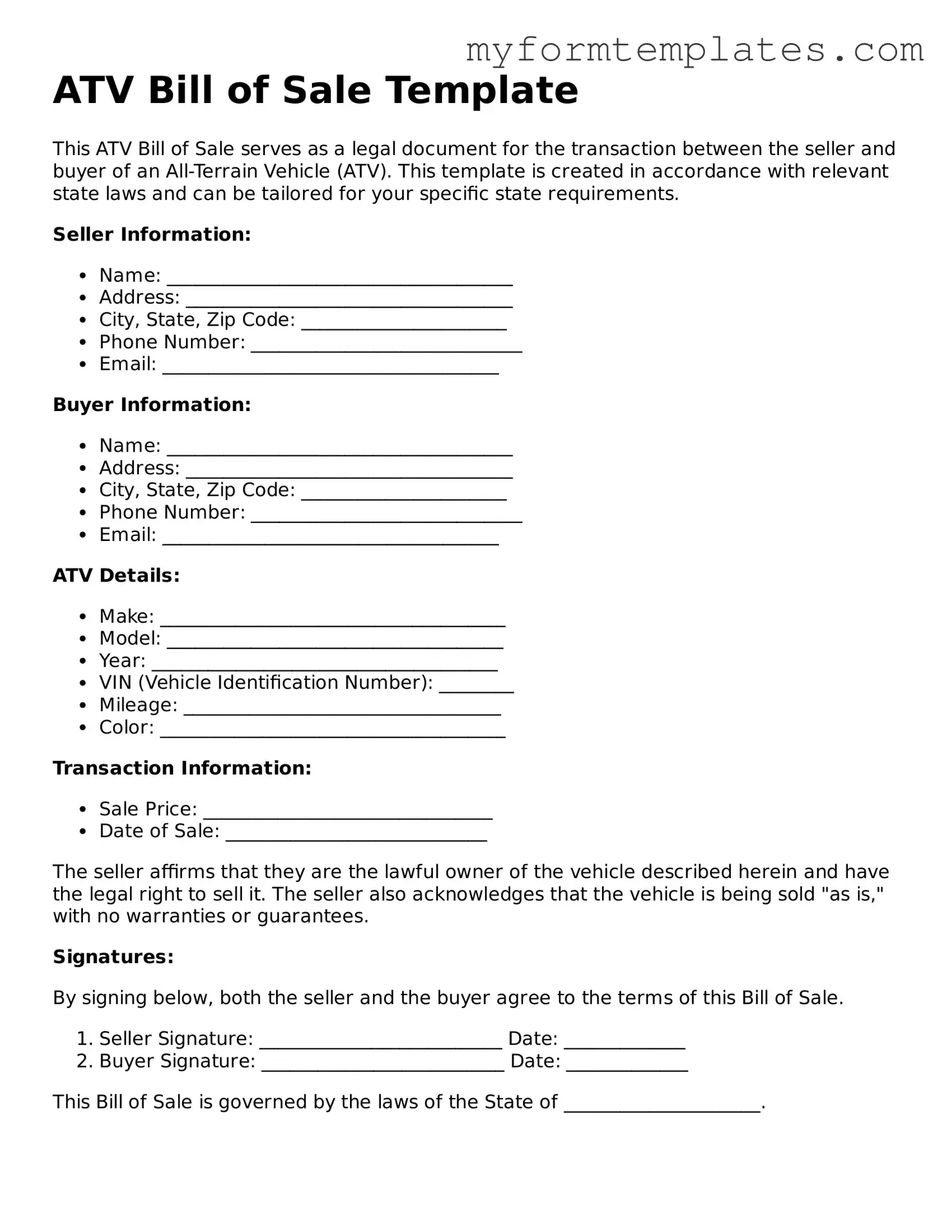 ATV Bill of Sale Document