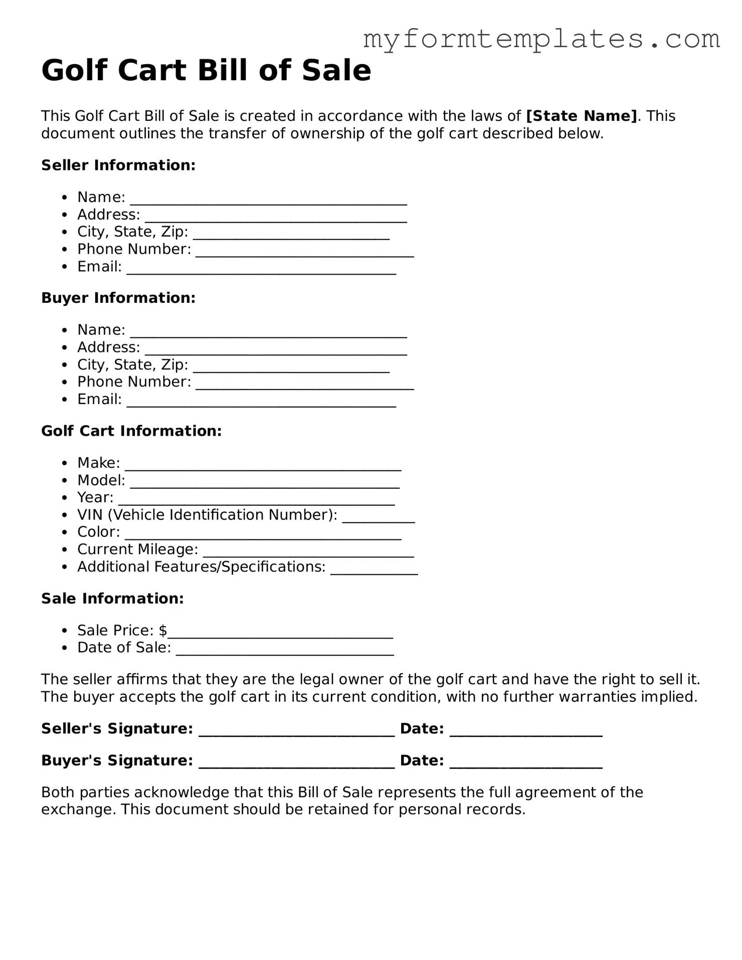 Golf Cart Bill of Sale Document