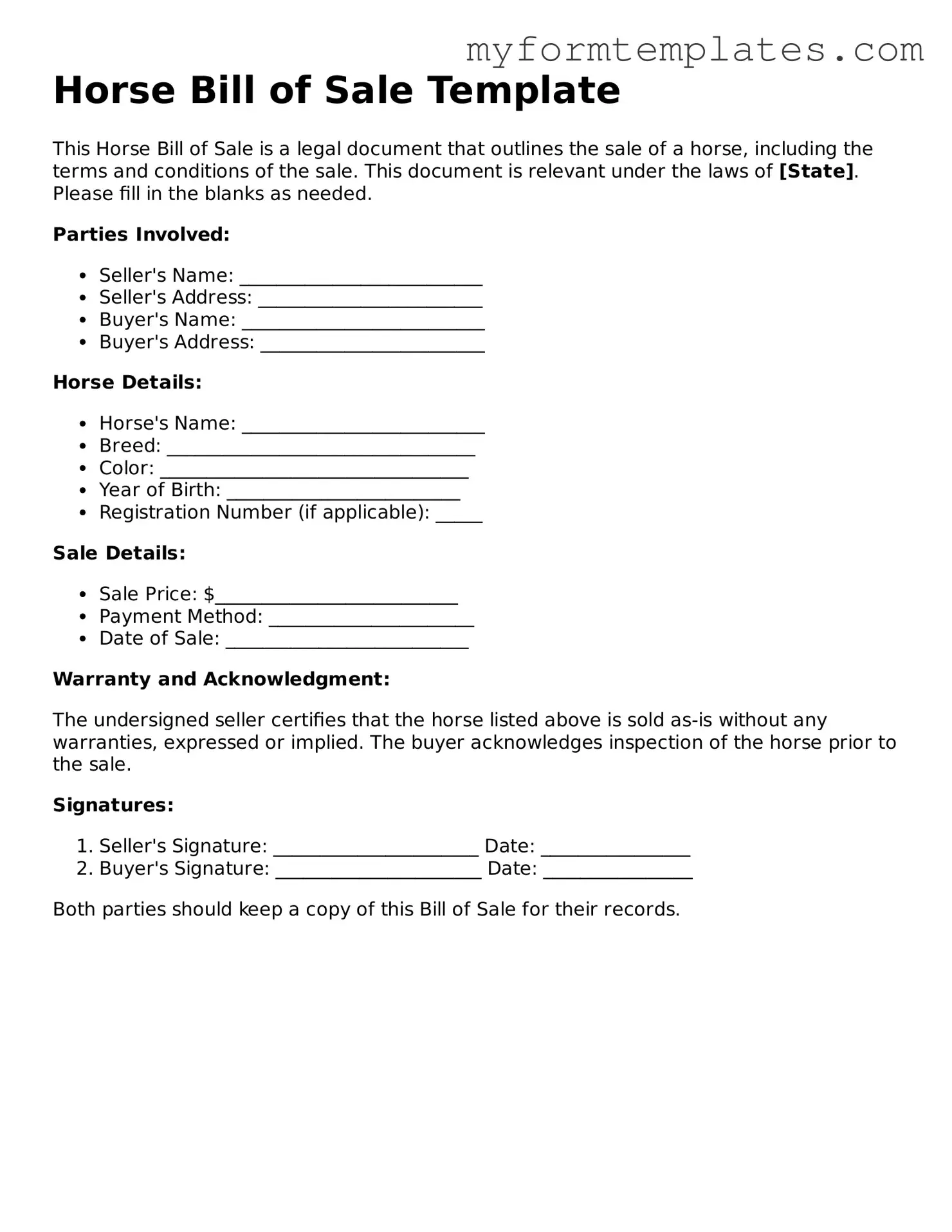 Horse Bill of Sale Document