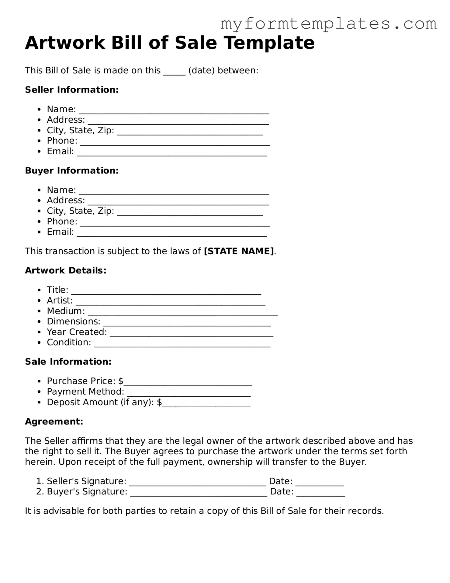 Artwork Bill of Sale Document