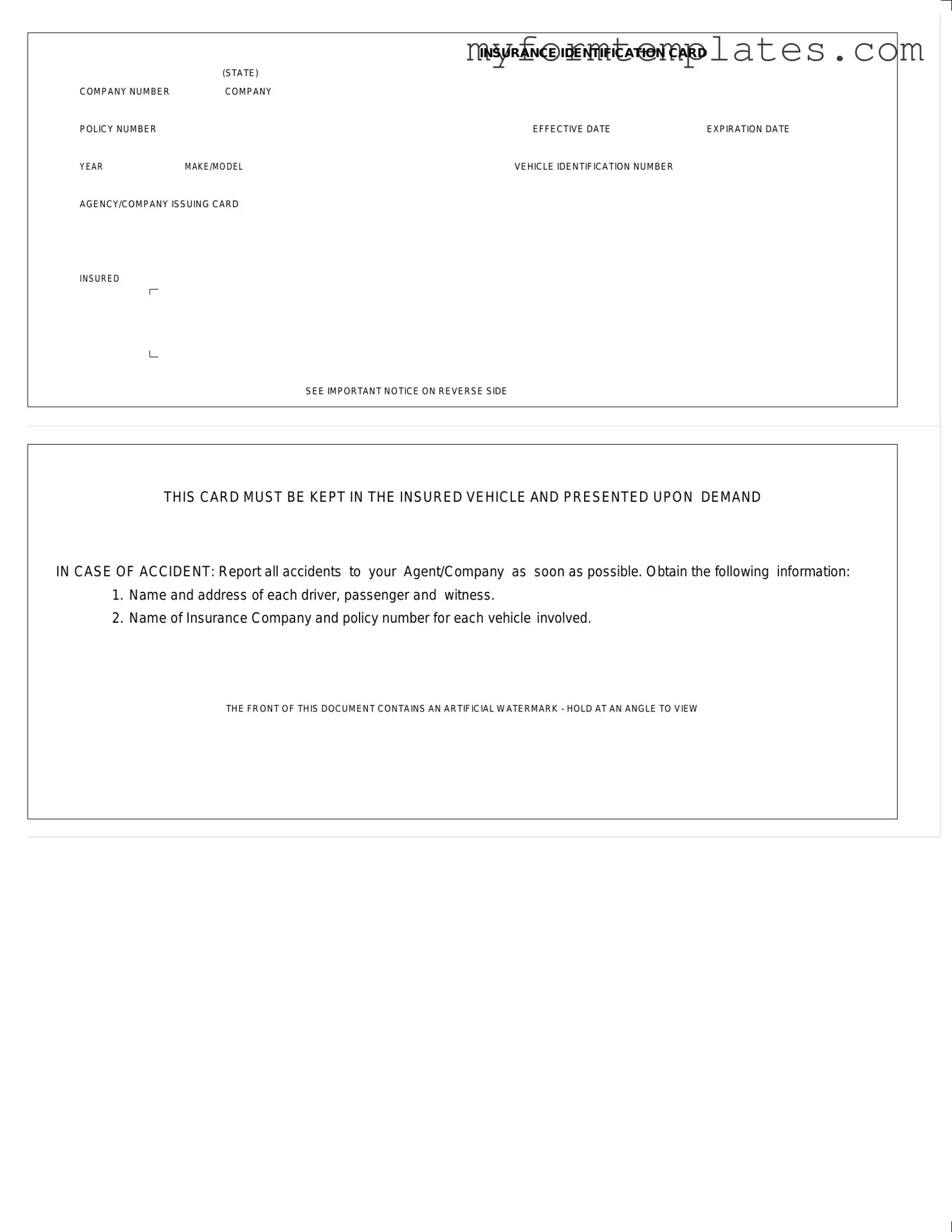 Official Auto Insurance Card Form in PDF