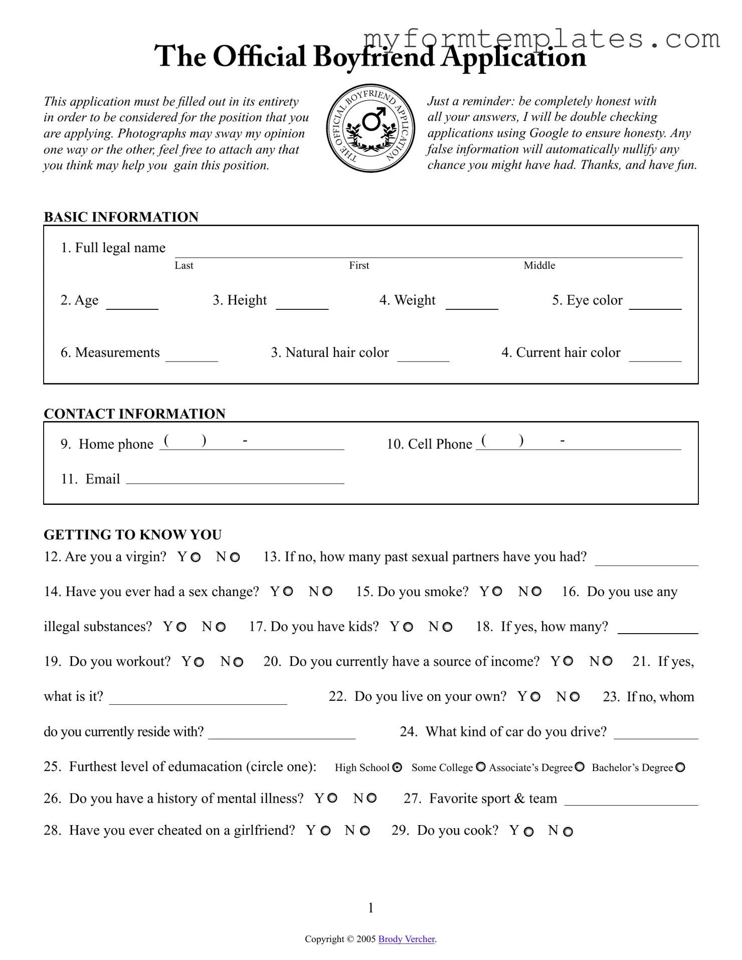 Official Boyfriend application form Form in PDF