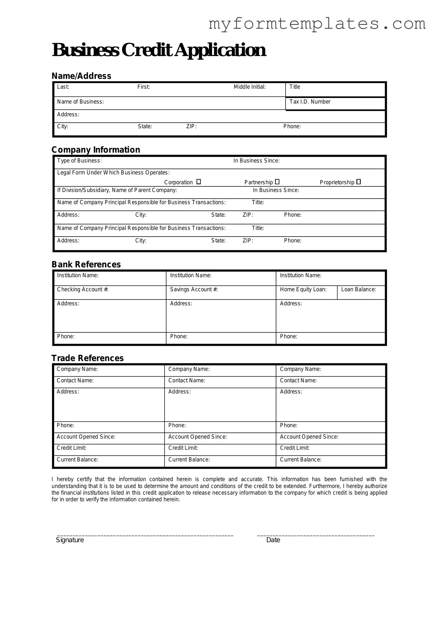 Official Business Credit Application Form in PDF