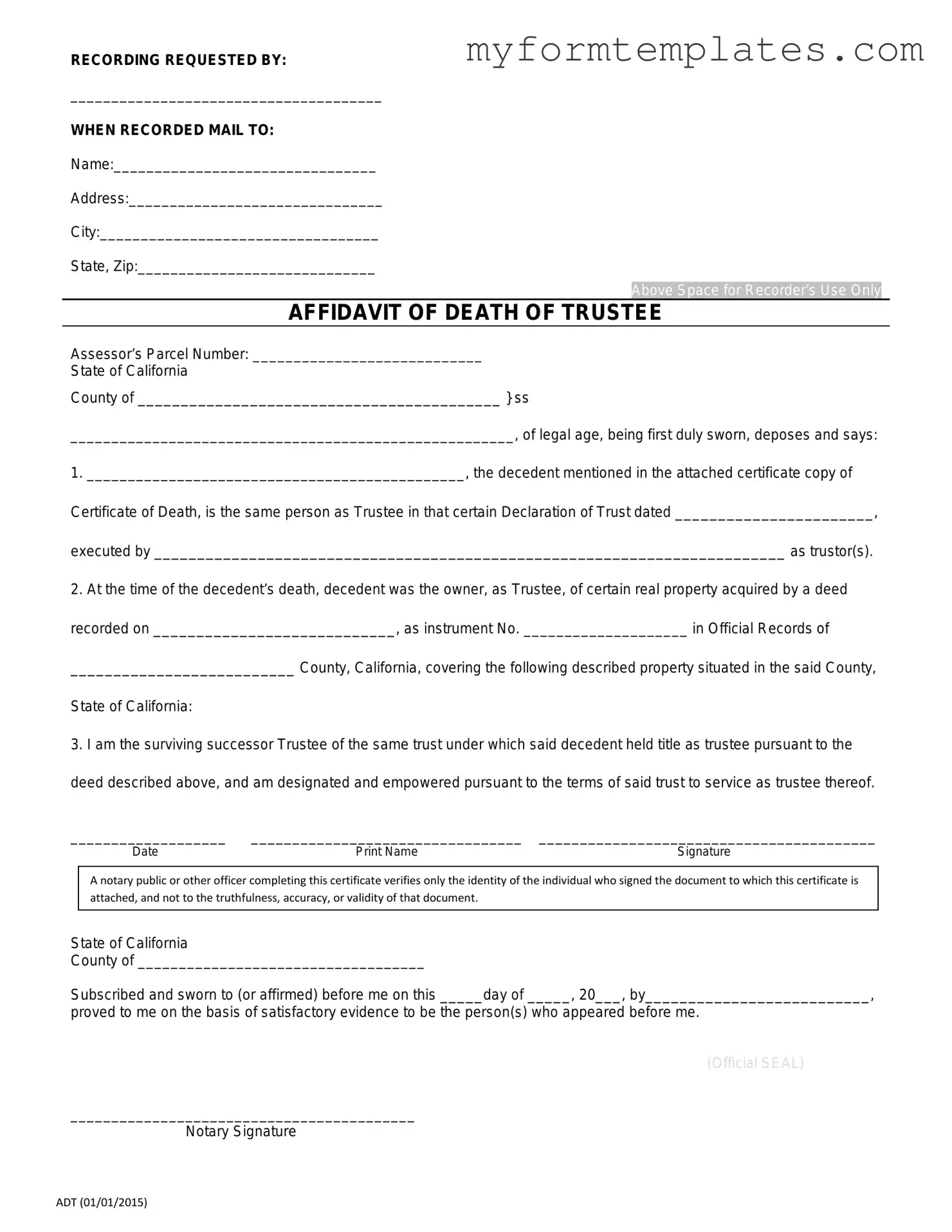 Official California Affidavit of Death of a Trustee Form in PDF