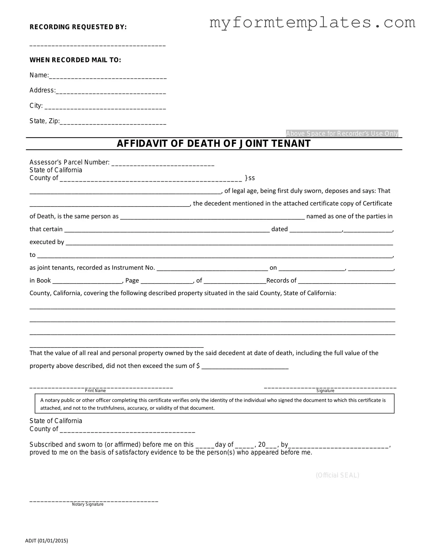 Official California Death of a Joint Tenant Affidavit Form in PDF