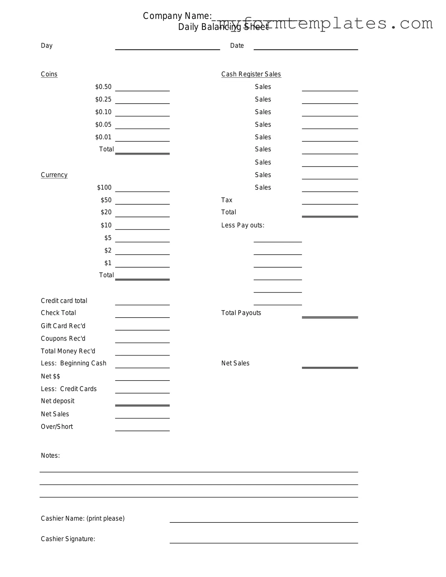 Official Cash Drawer Count Sheet Form in PDF