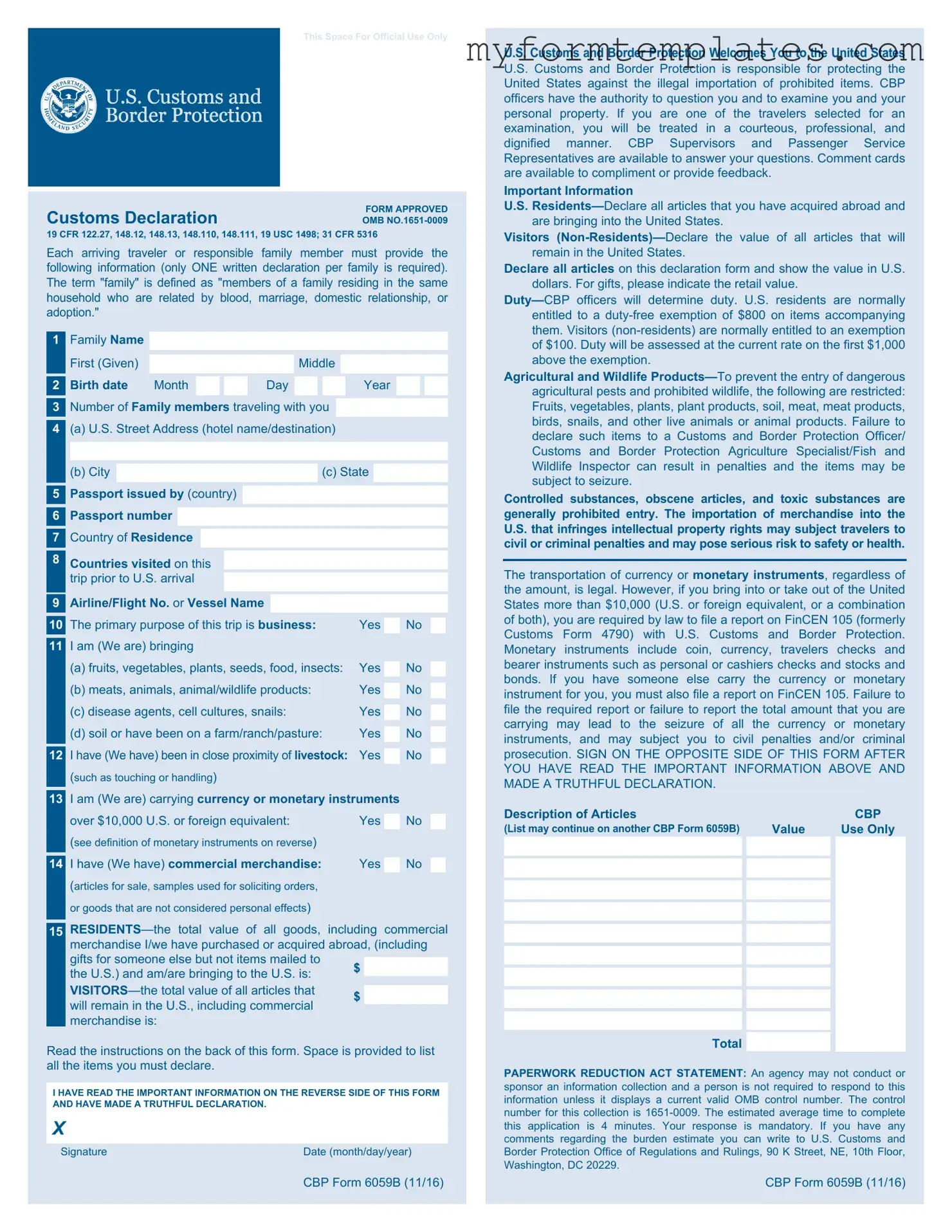 Official CBP 6059B Form in PDF