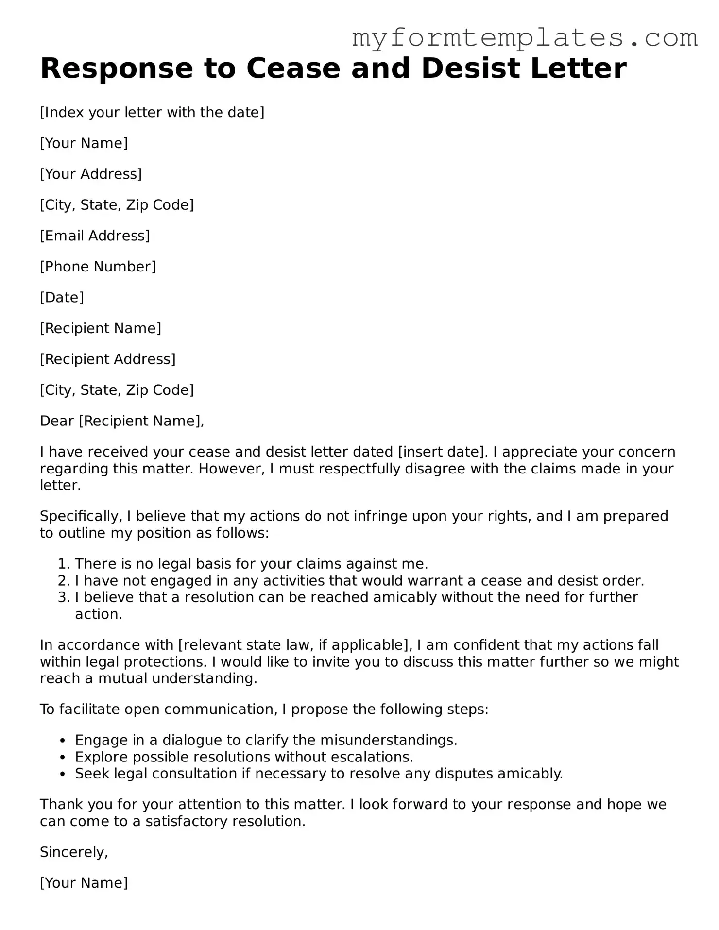 Response to a Cease and Desist Letter Document