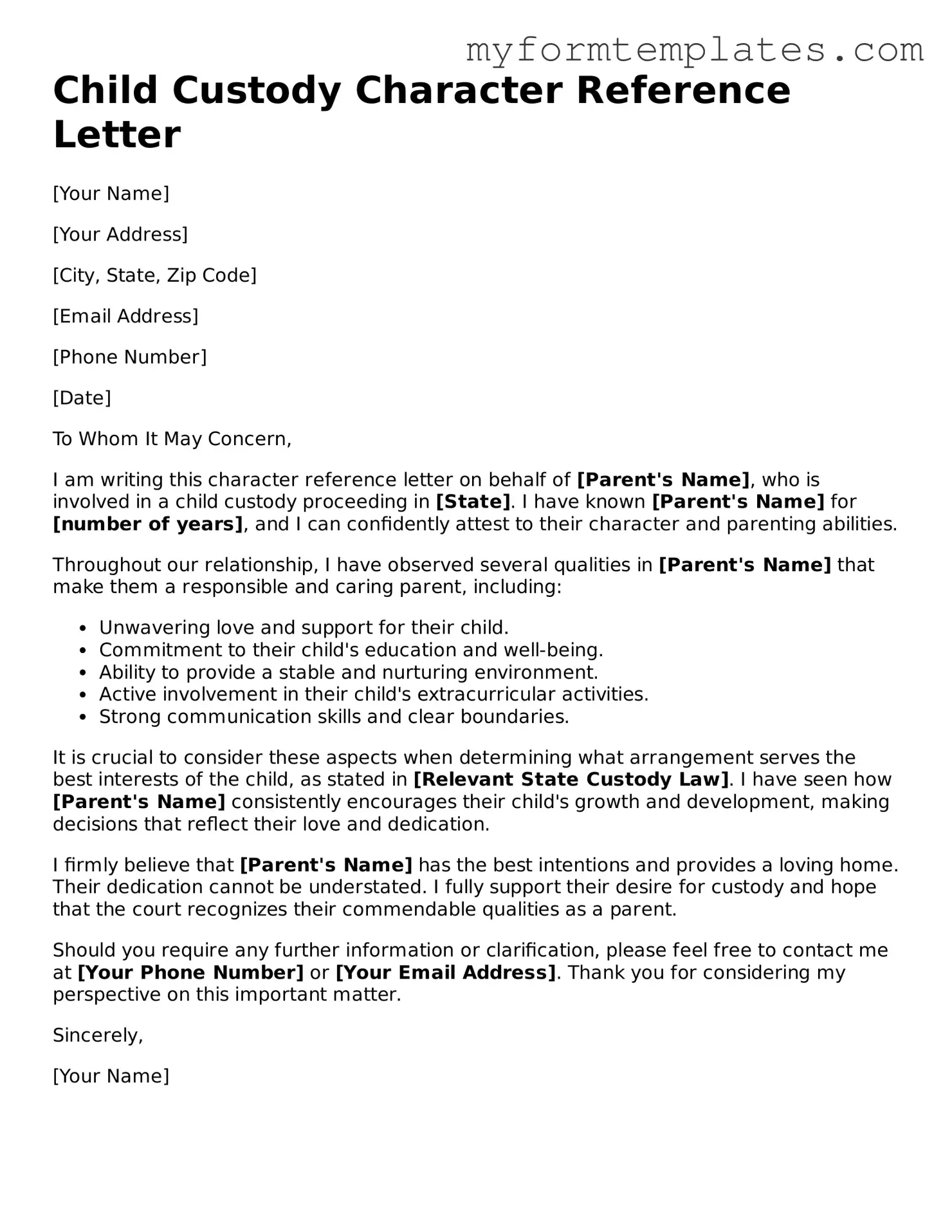 Character Reference Letter for Child Custody Document