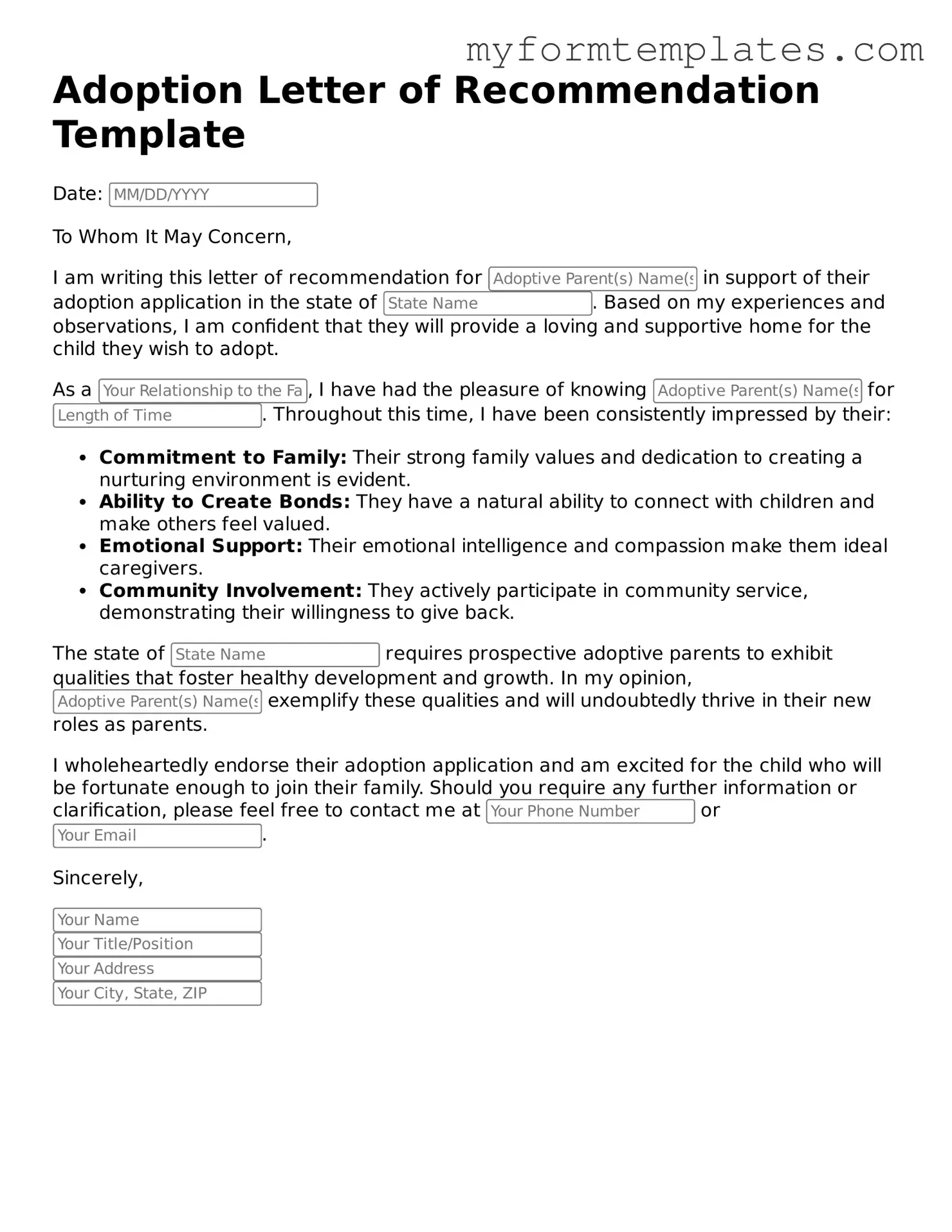 Adoption Letter of Recommendation Document