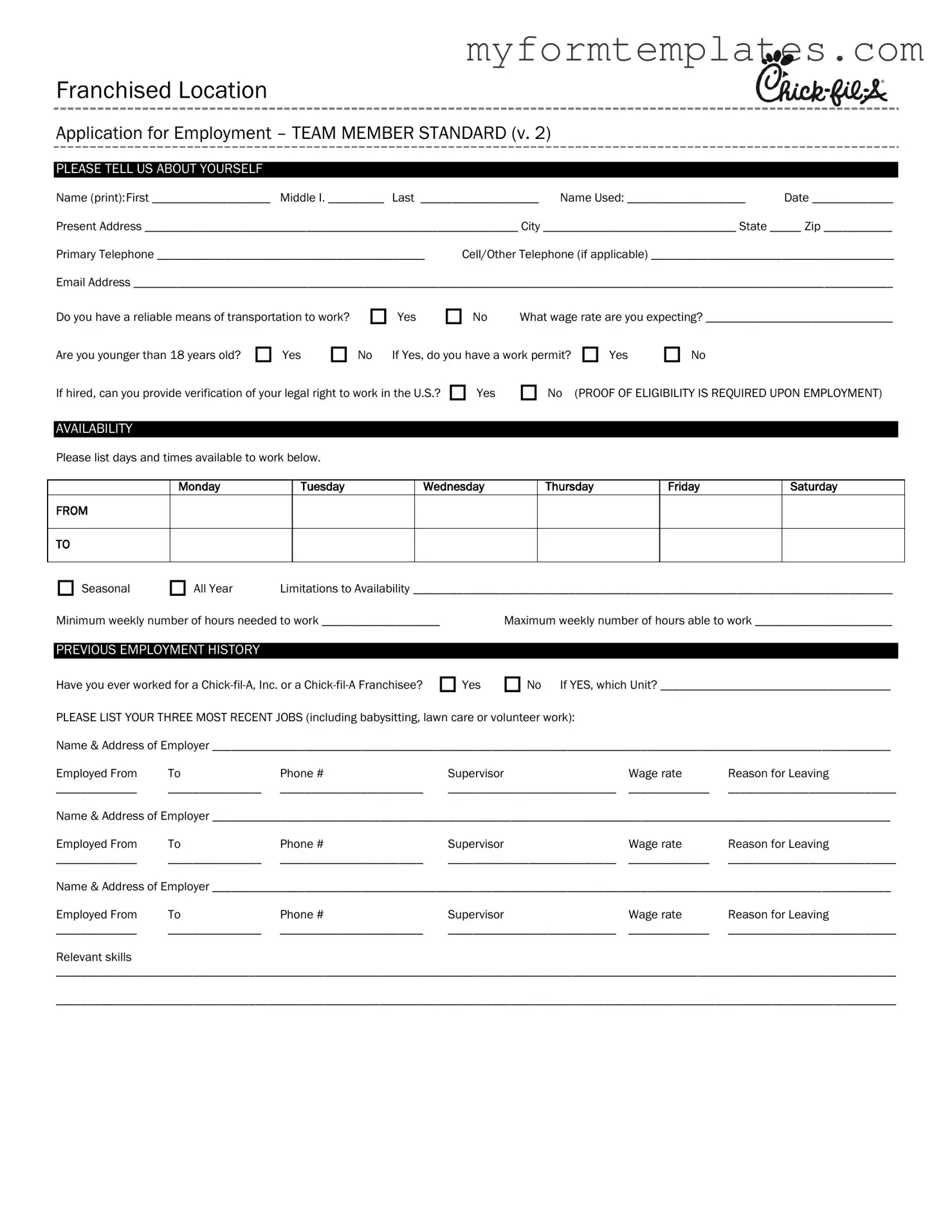 Official Chick Fil A Job Application Form in PDF