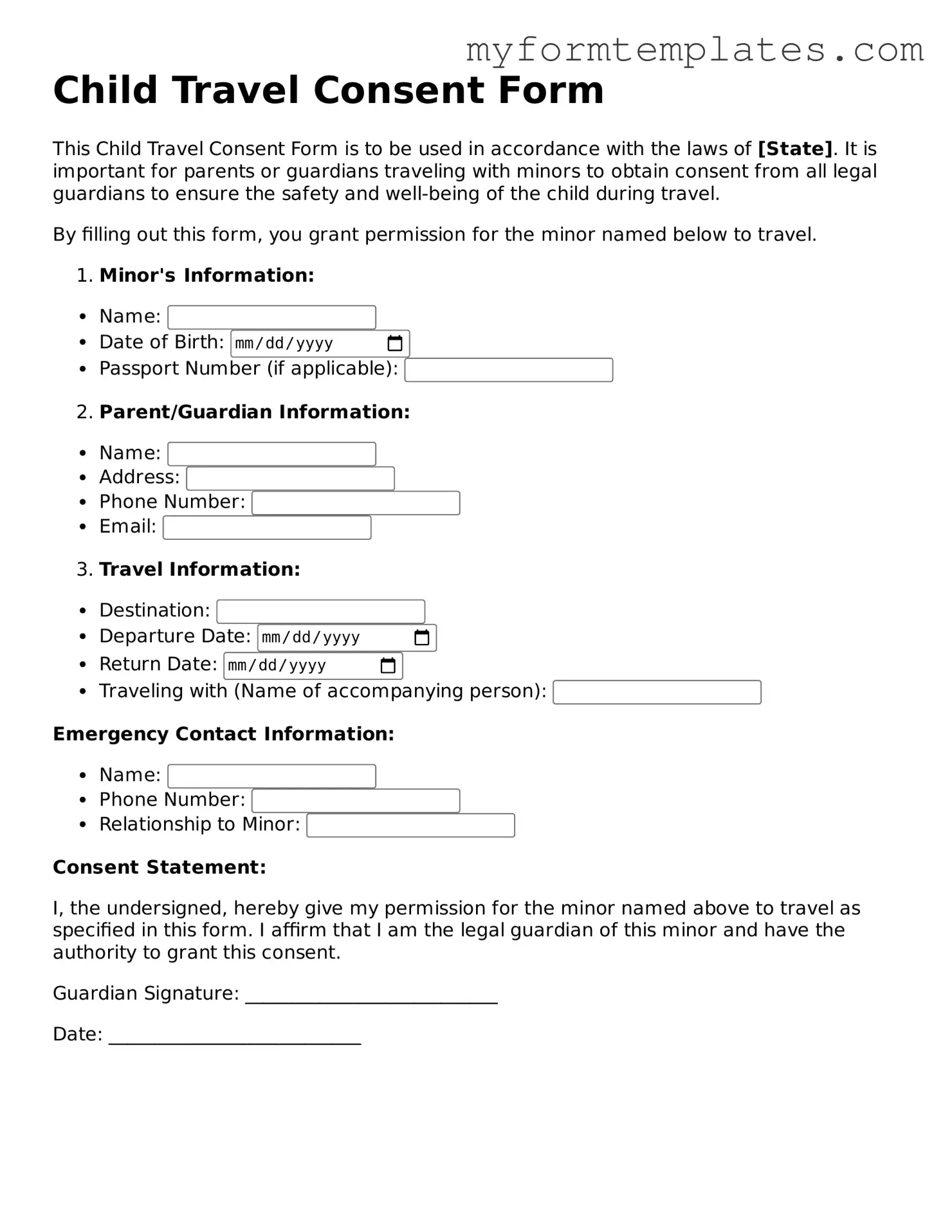 Child Travel Consent Form Document