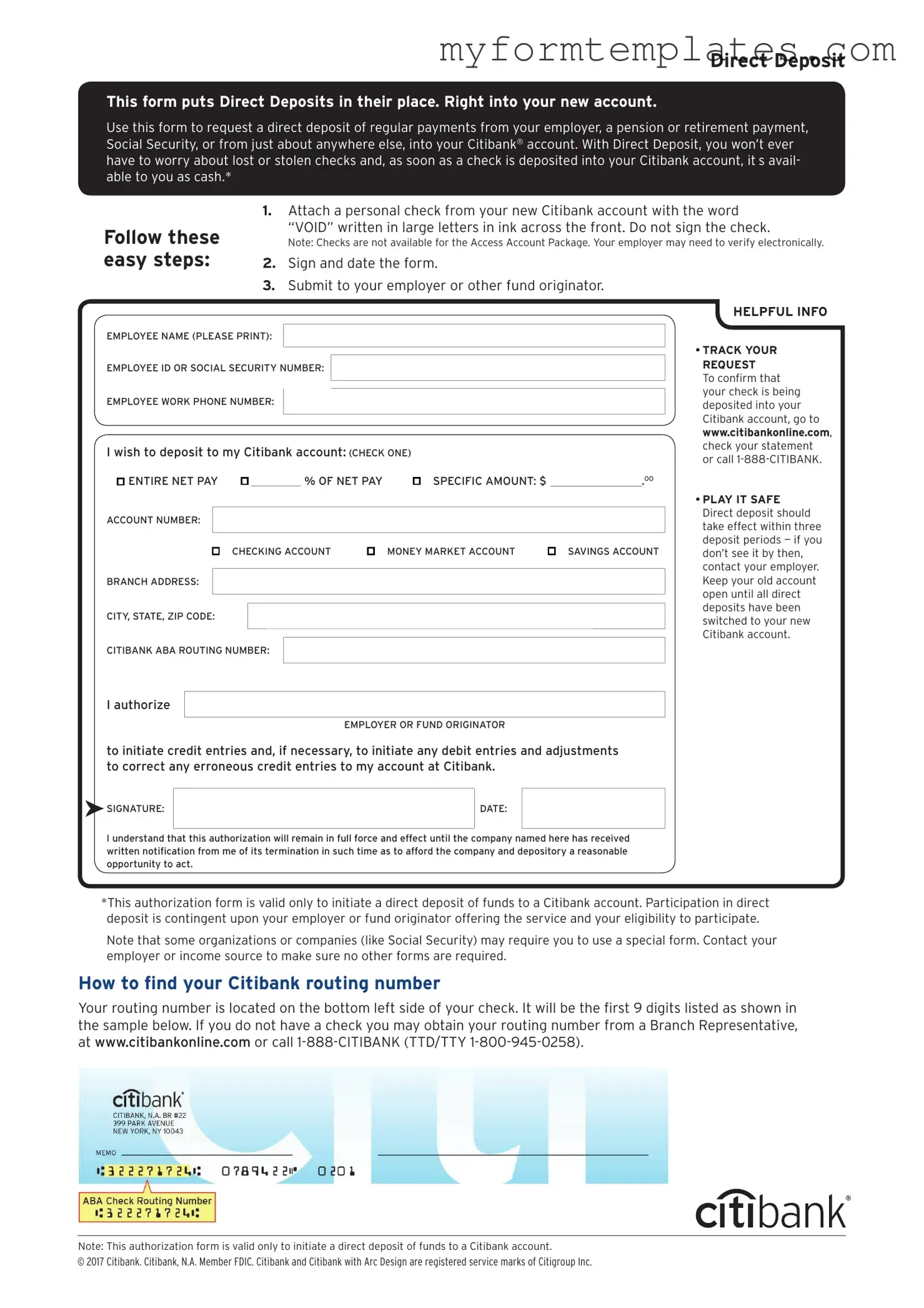 Official Citibank Direct Deposit Form in PDF