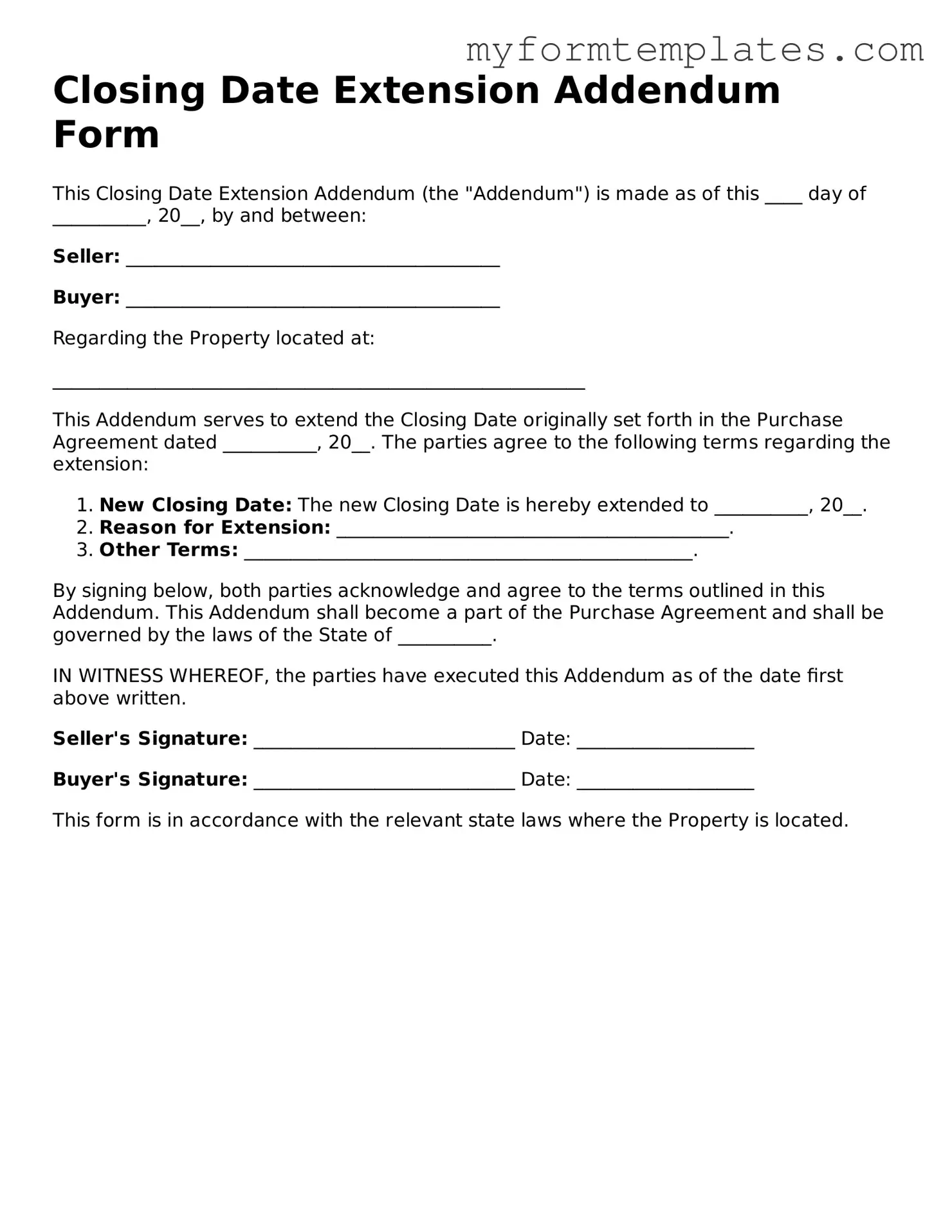 Closing Date Extension Addendum Form Document