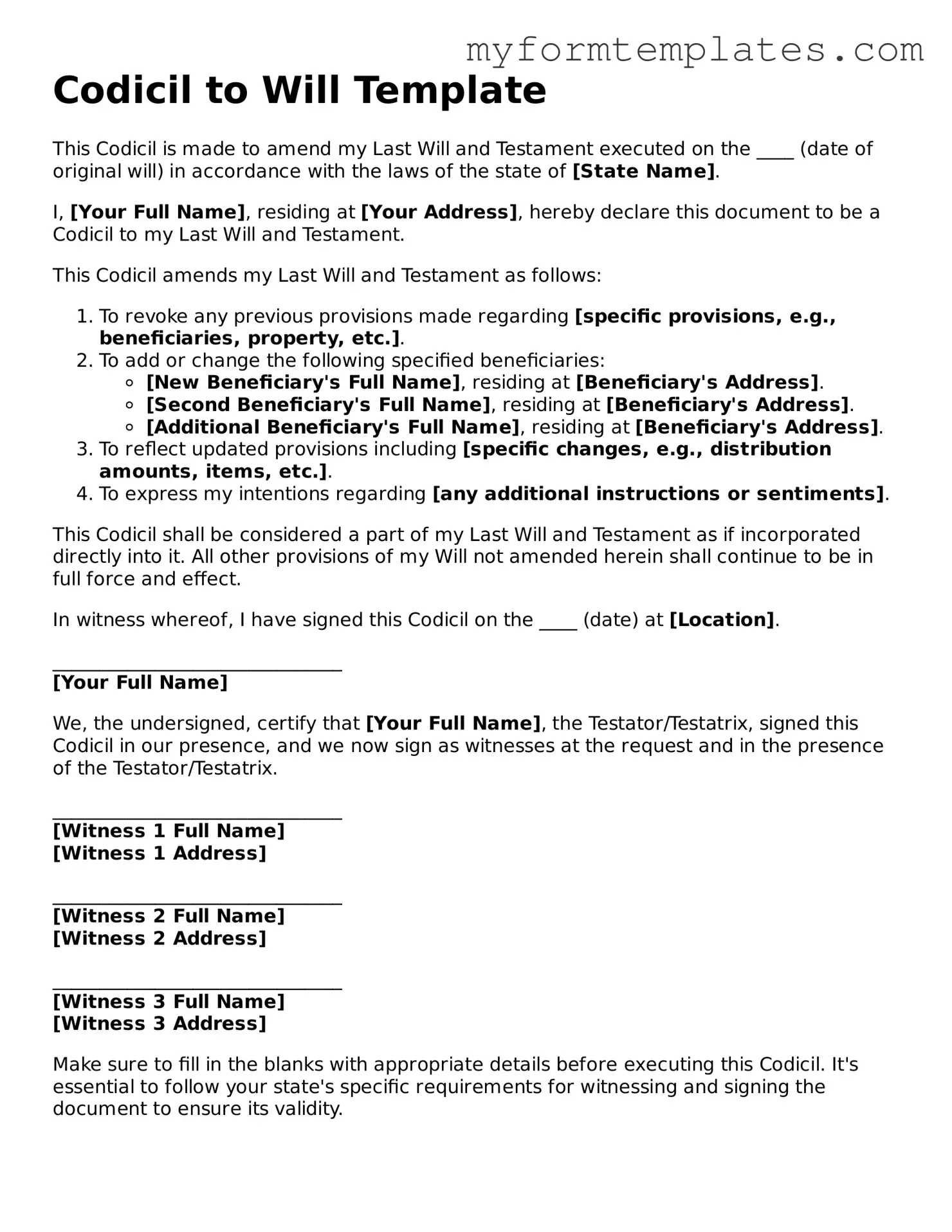 Codicil to Will Document