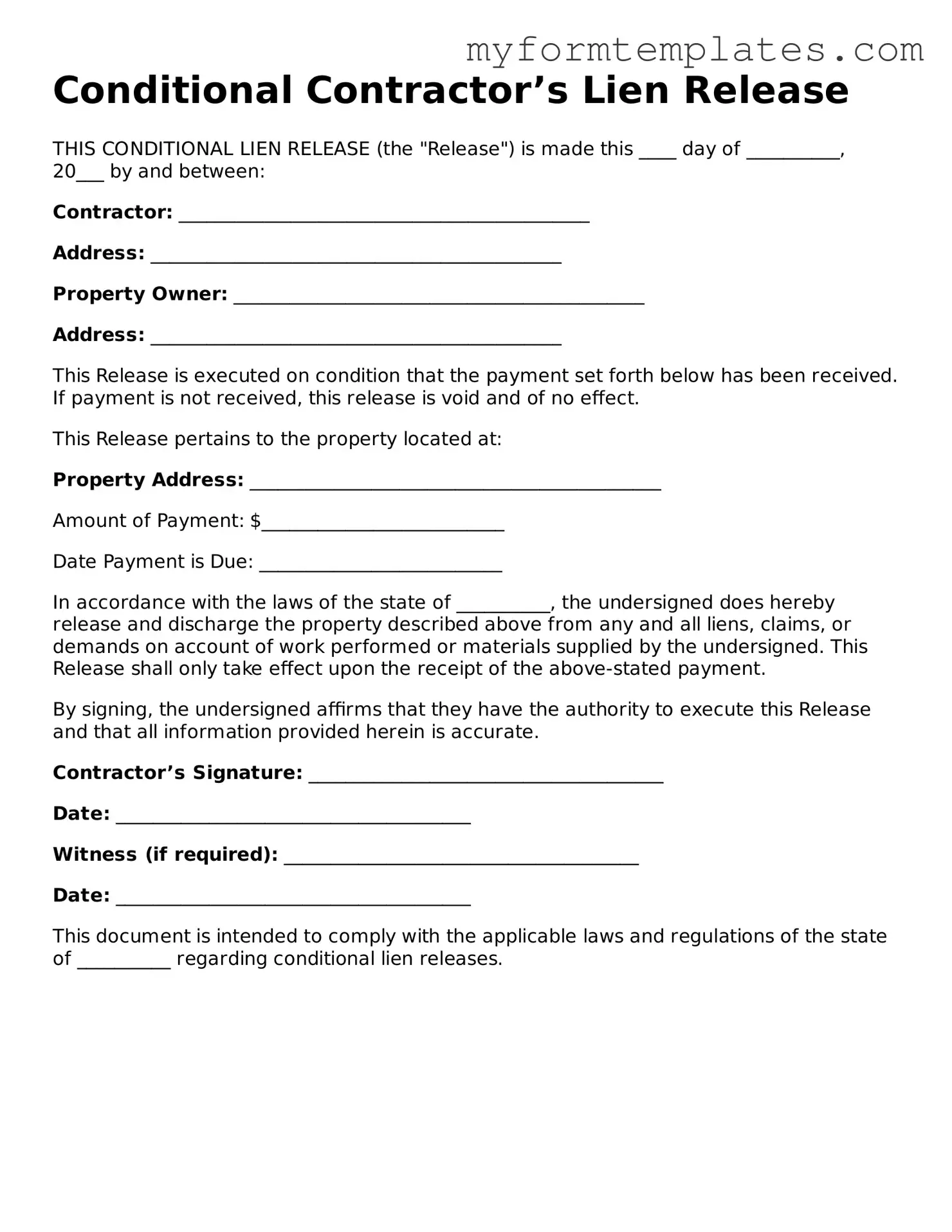 Conditional Contractor’s Lien Release Document