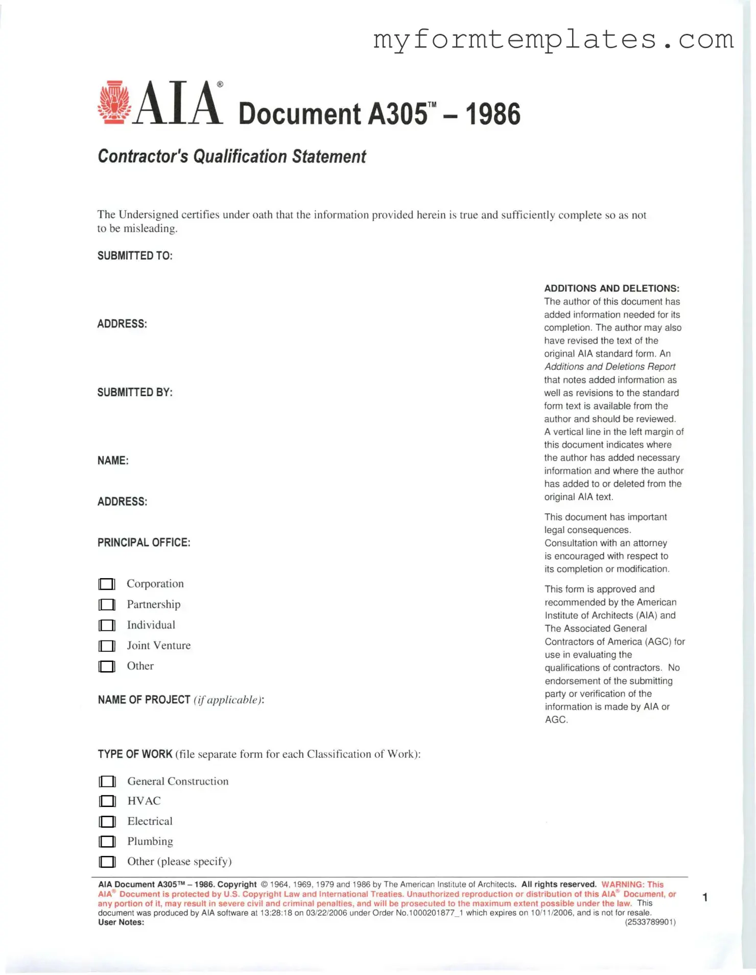 Official AIA A305 Form in PDF