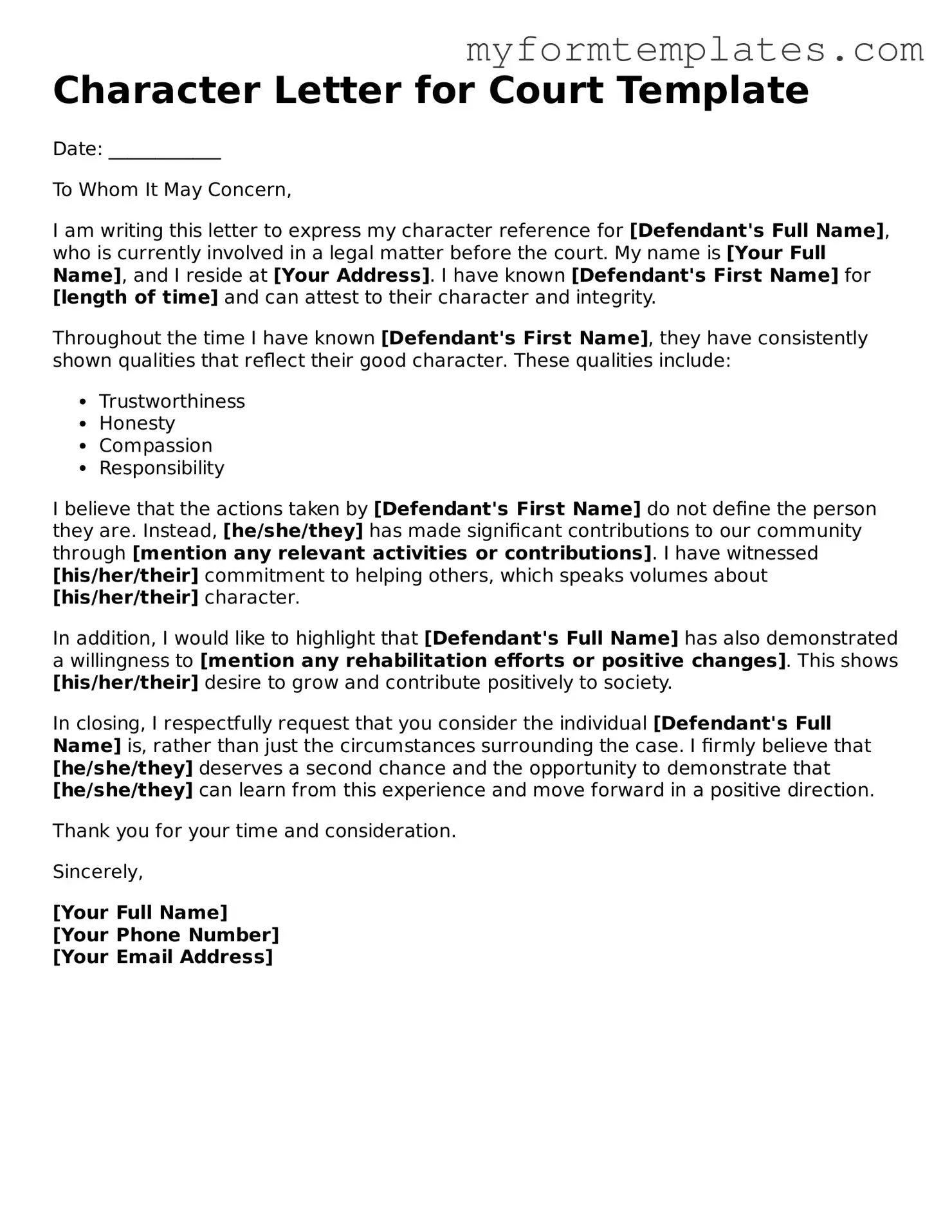 Character Letter for Court Document