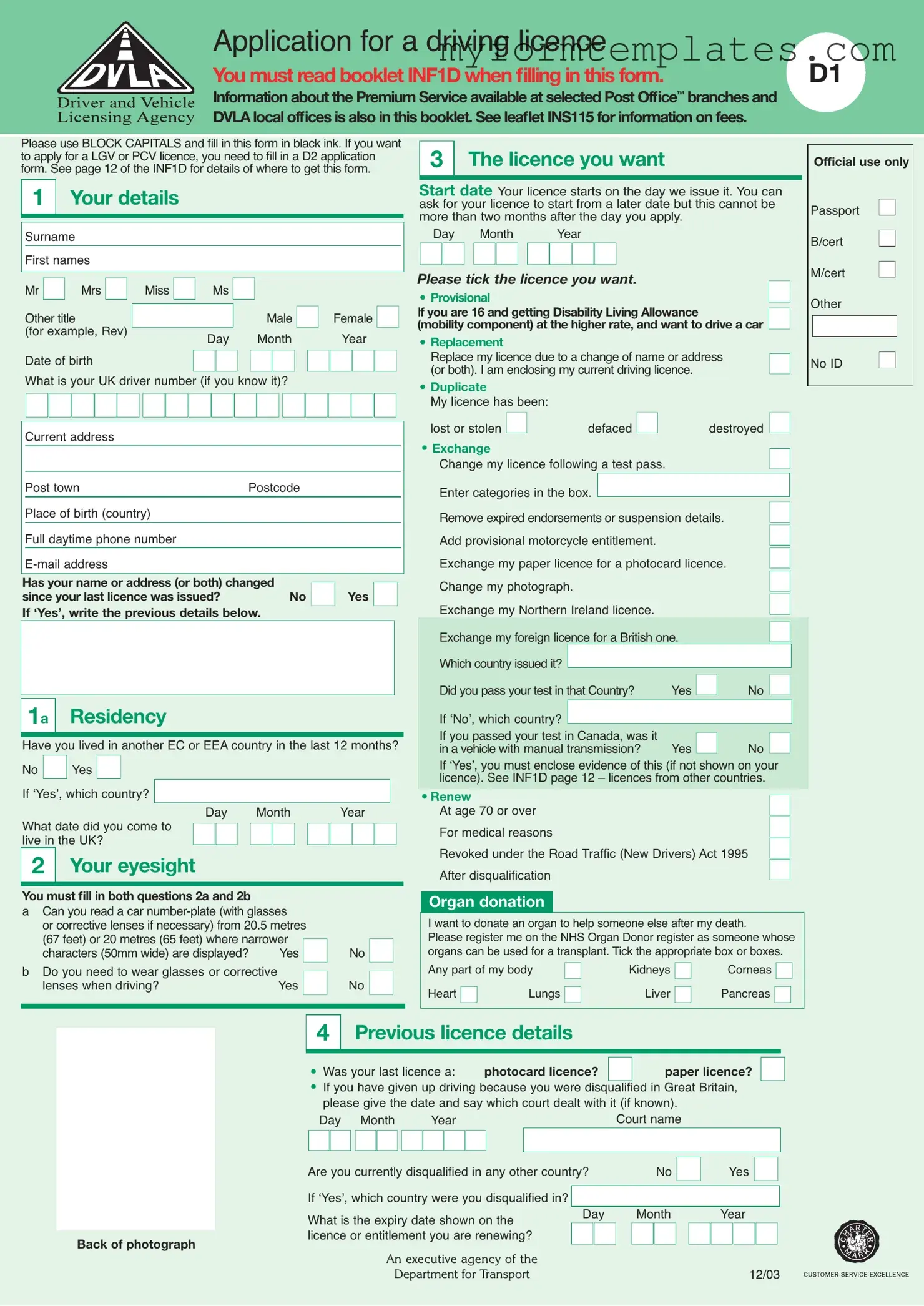 Official D1 Dvla Form in PDF