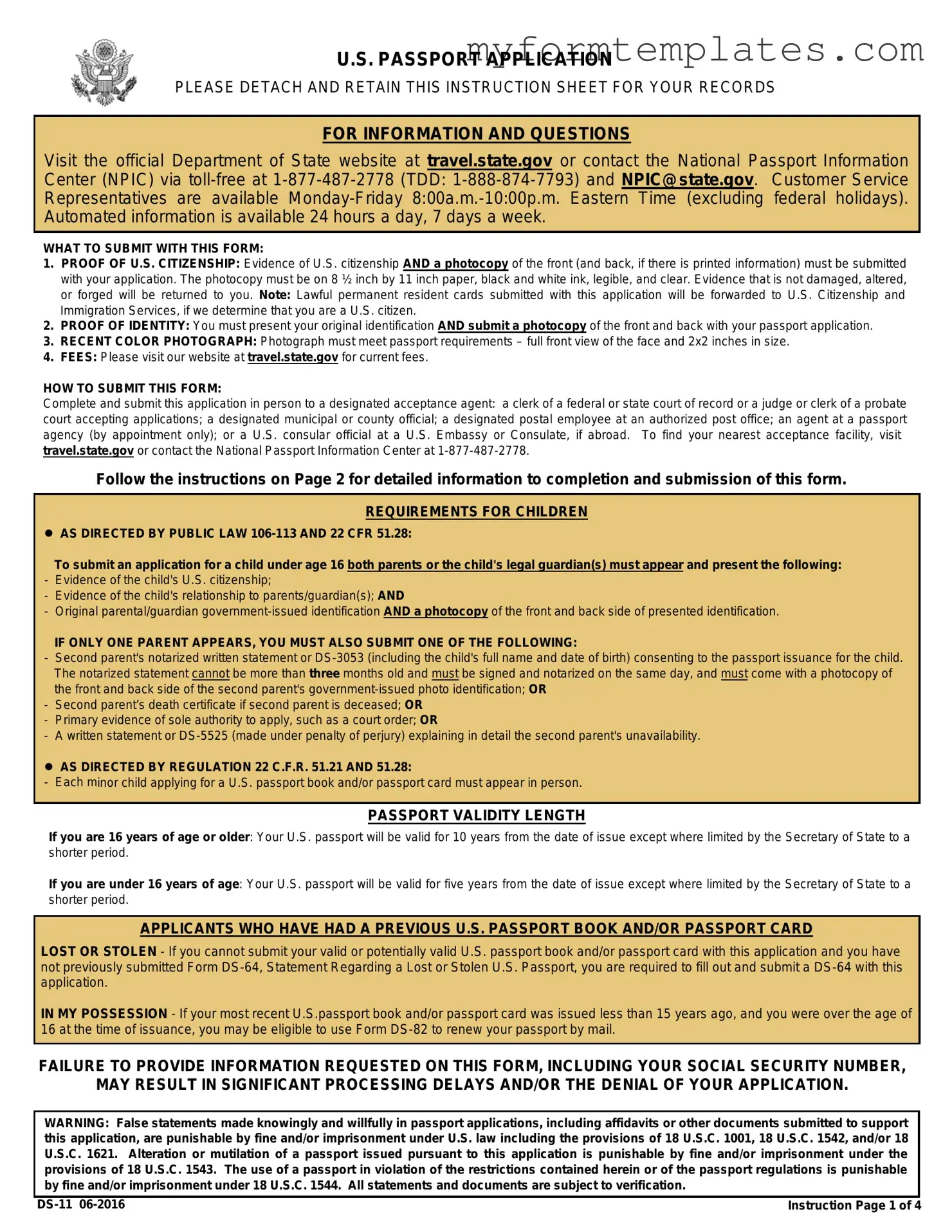 Official DS-11 U.S. Passport application Form in PDF