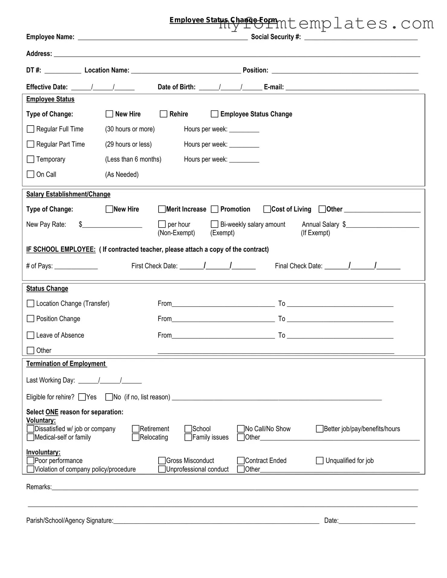 Official Employee Status Change Form in PDF