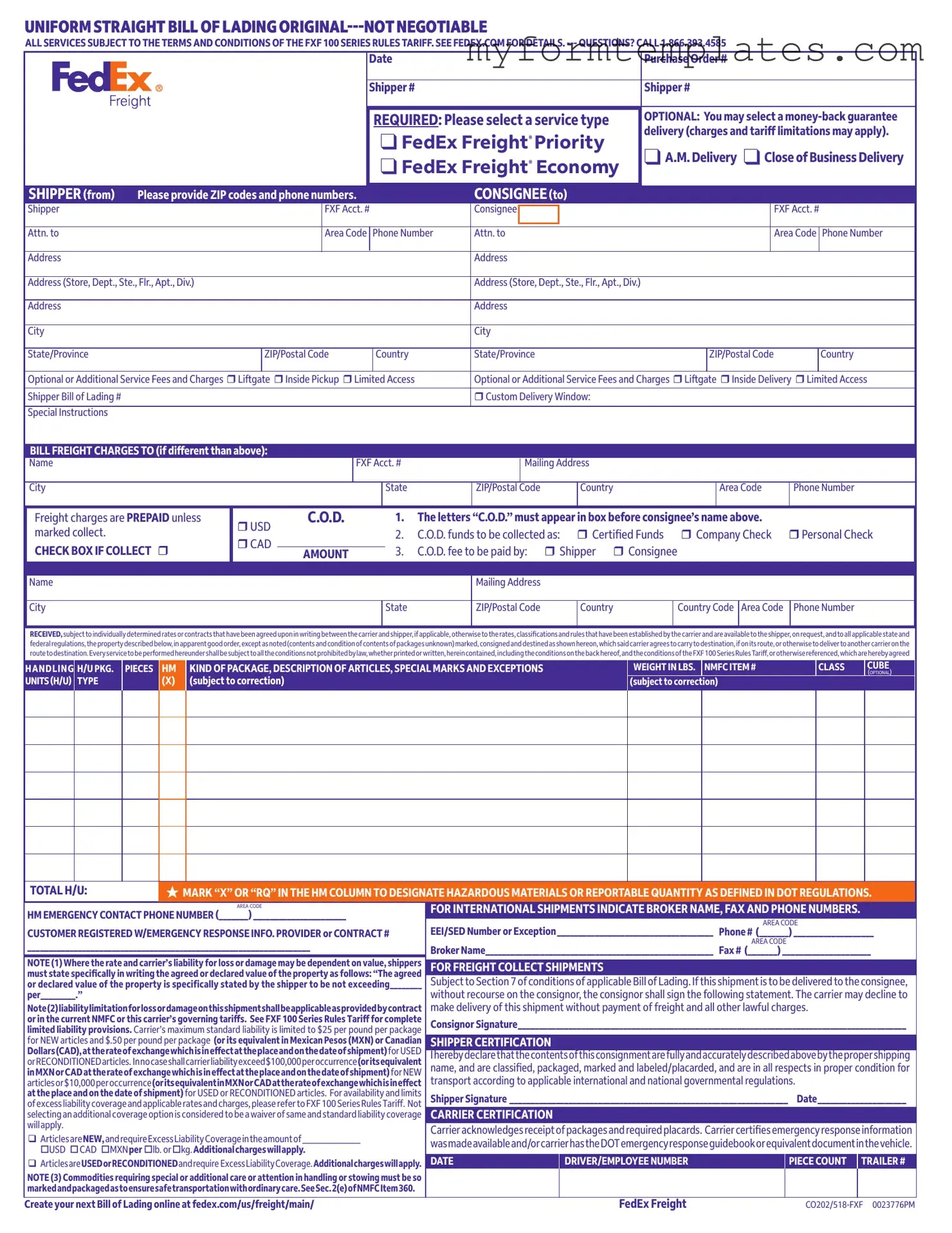 Official Fedex Bill Of Lading Form in PDF