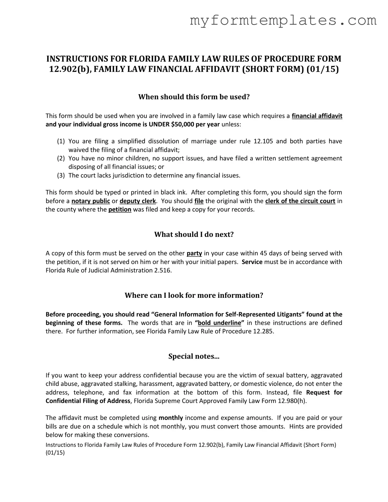 Official Florida Financial Affidavit Short 12.902(b) Form in PDF