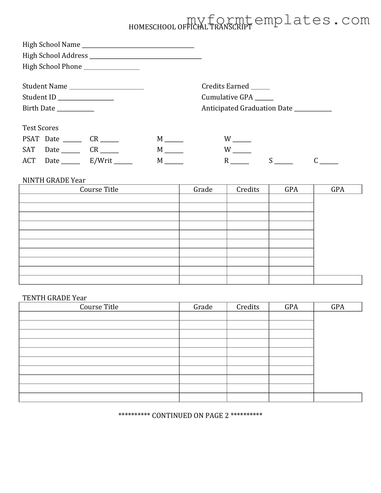 Official High School Transcript Form in PDF