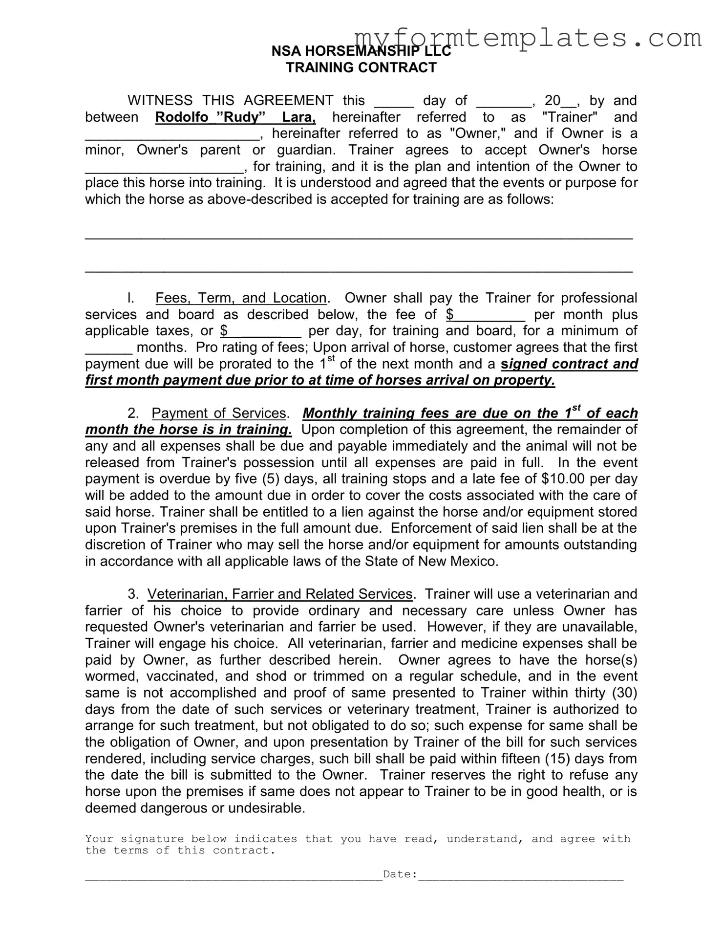 Official Horse Training Contract Form in PDF