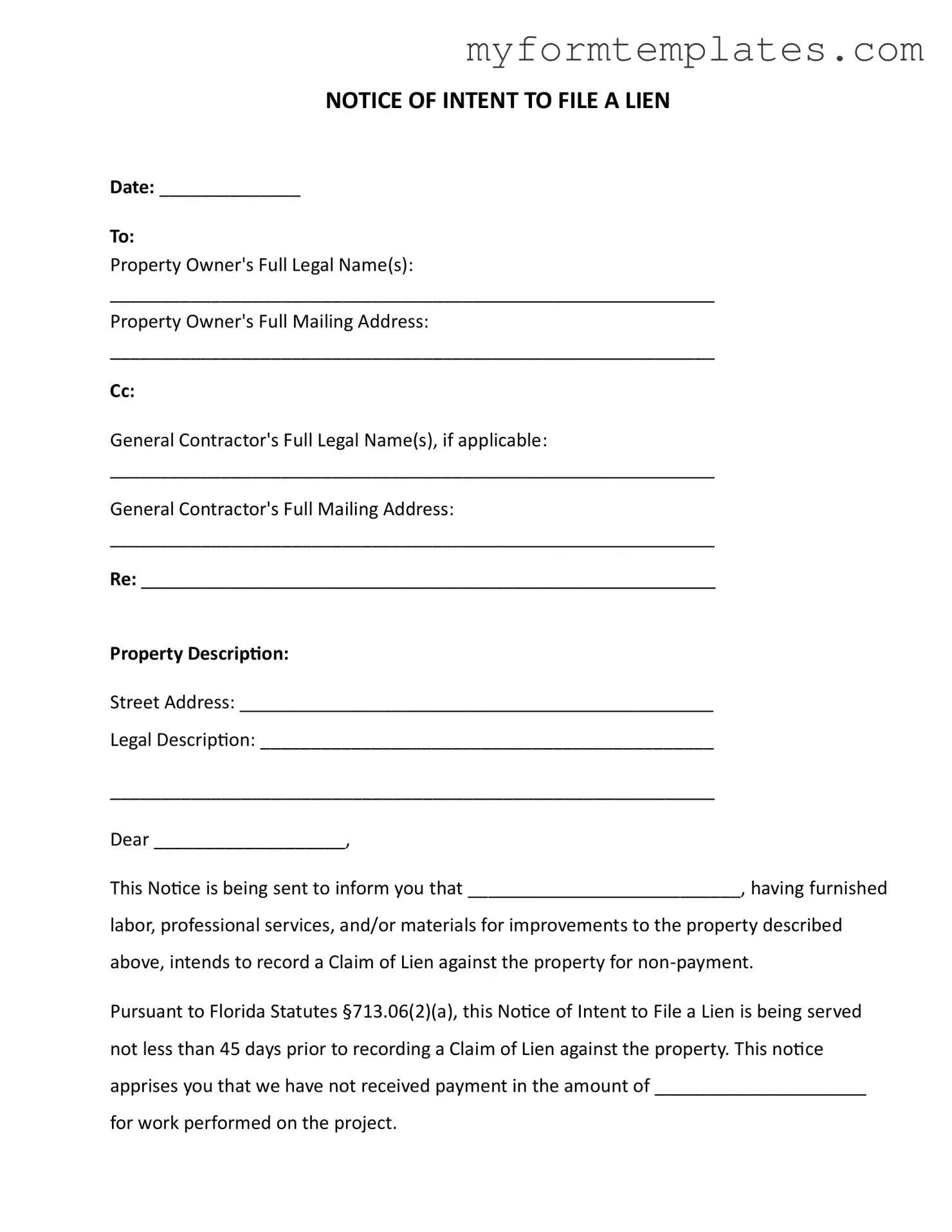 Official Intent To Lien Florida Form in PDF
