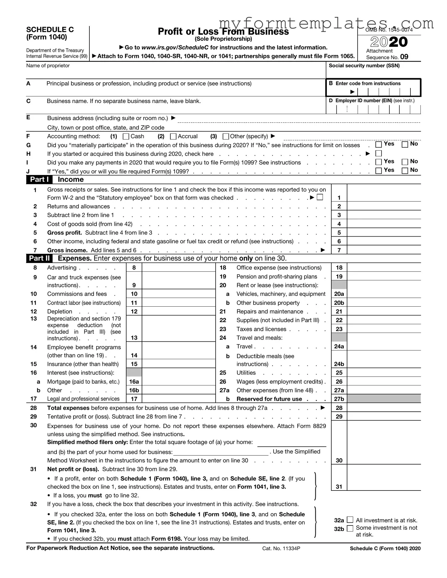 Official IRS Schedule C 1040 Form in PDF