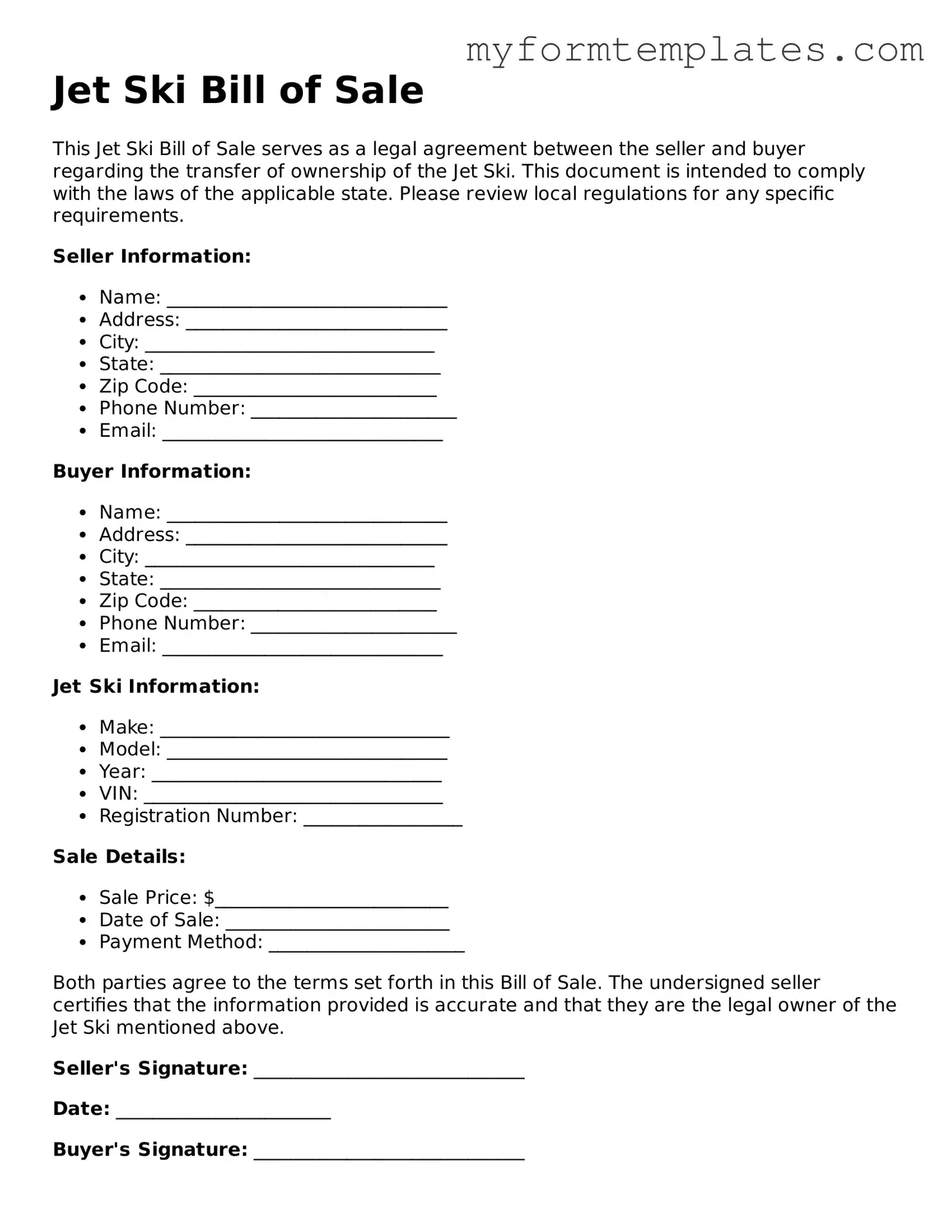 Jet Ski Bill of Sale Document