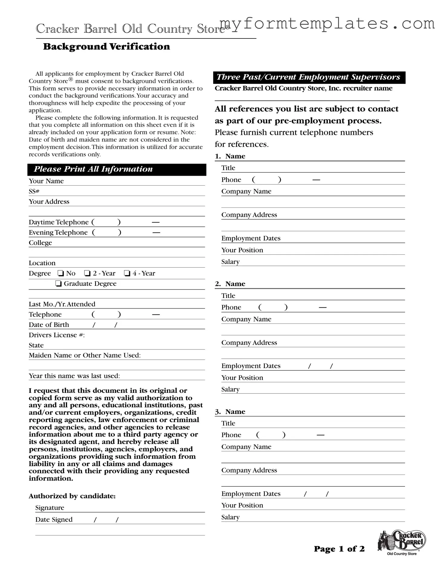Official Cracker Barrel Background Check Form in PDF