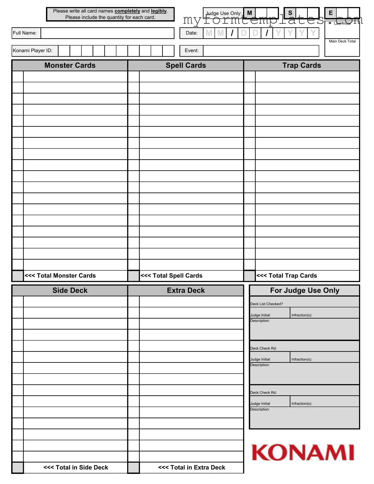 Official Konami Decklist Form in PDF