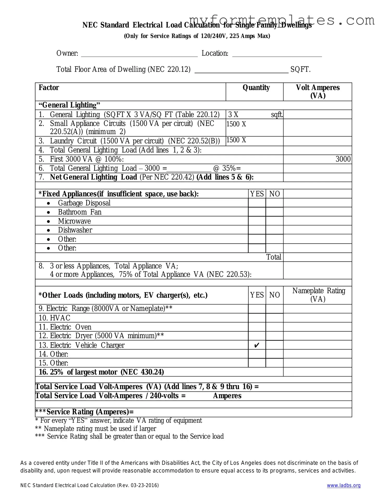 Official LADBS NEC Standard Electrical Load Calculation Form in PDF