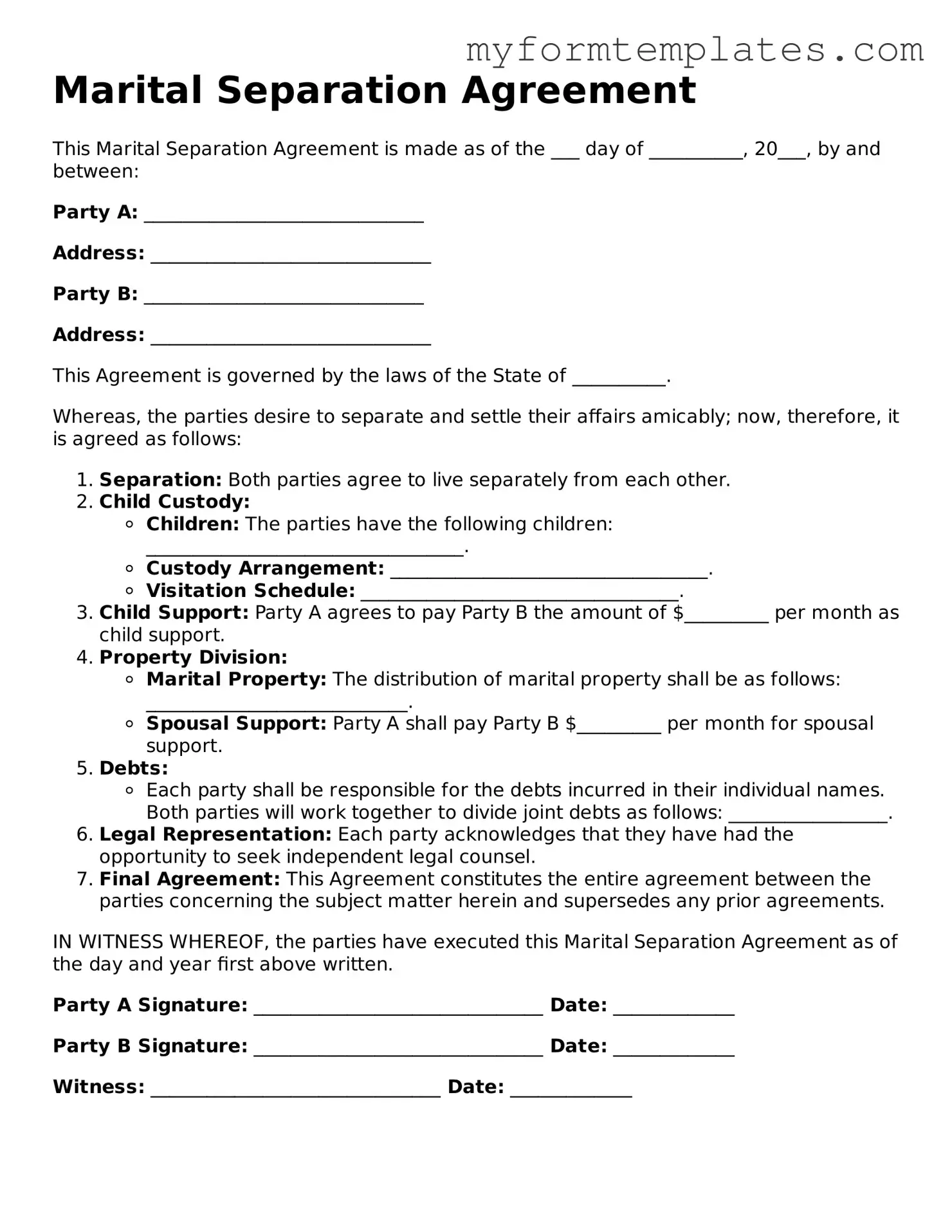 Marital Separation Agreement Document
