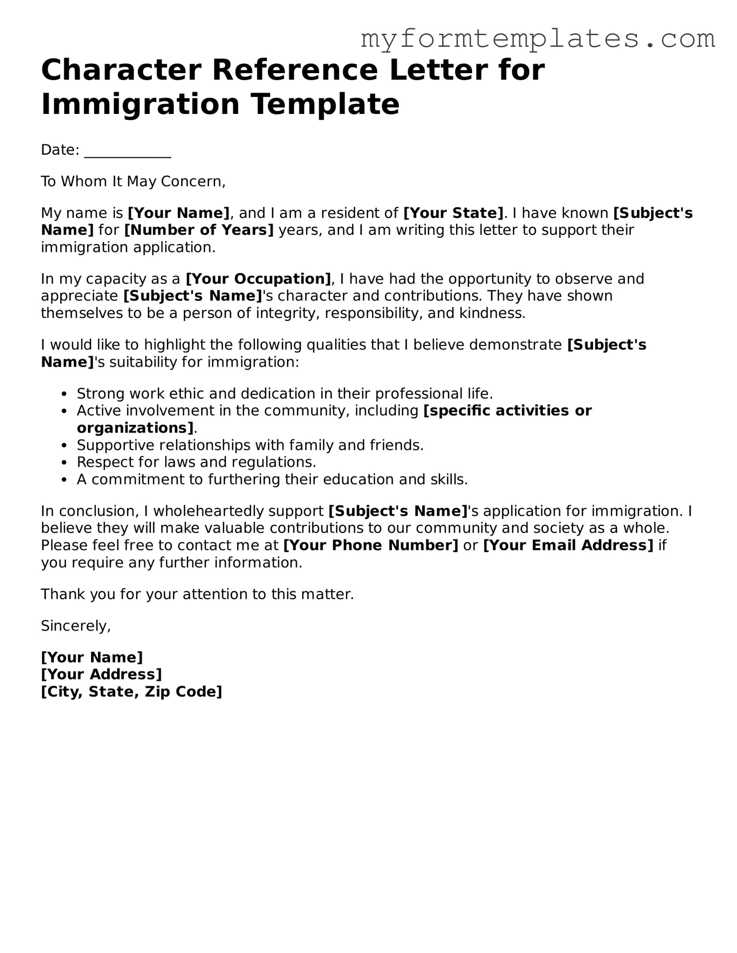 Character Reference Letter for Immigration Document