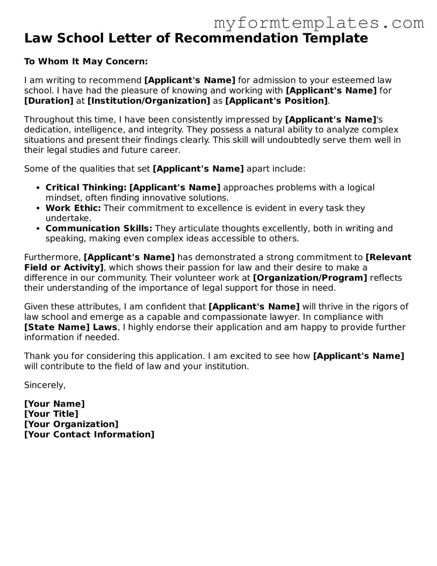 Law School Letter of Recommendation Document